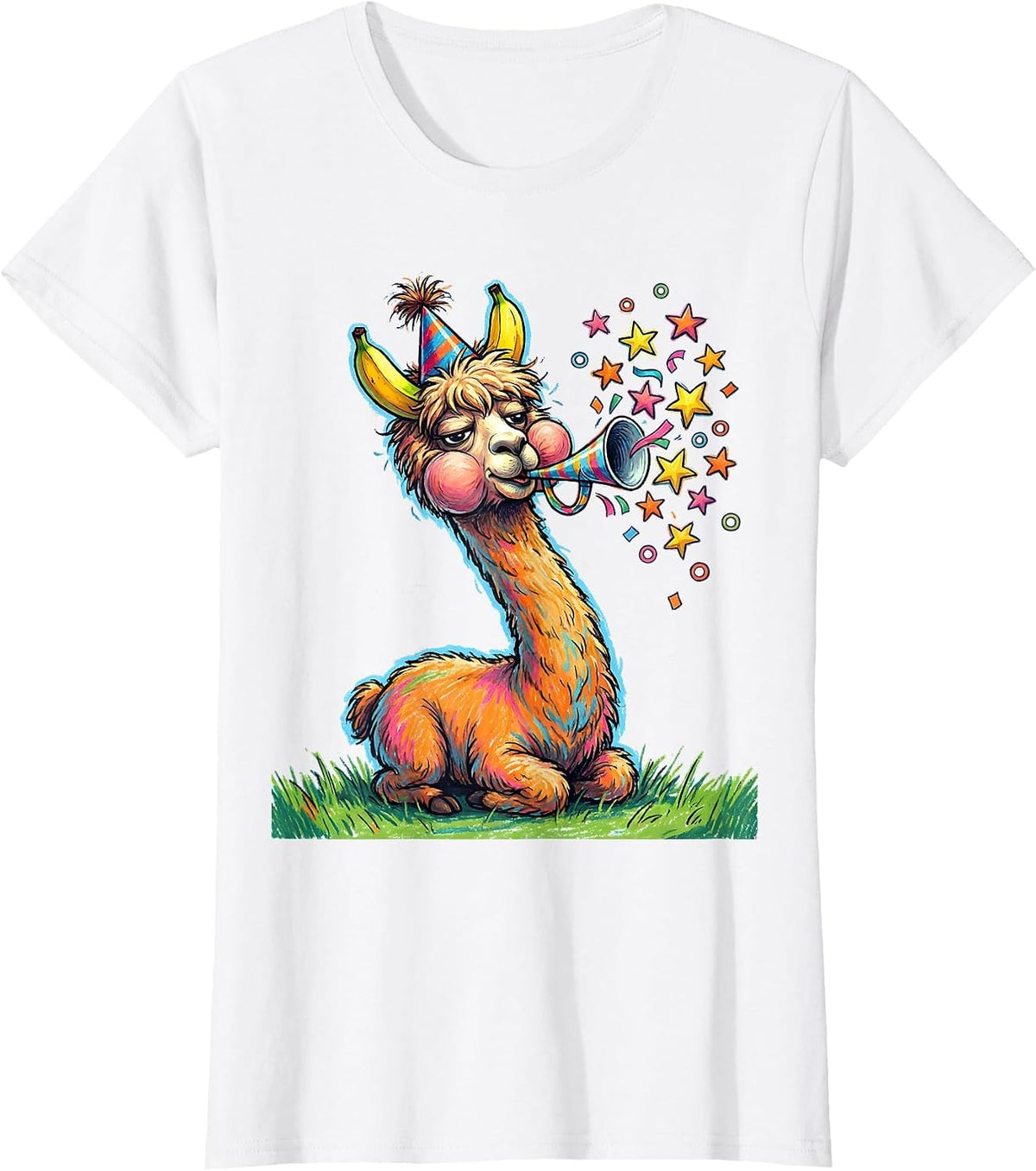Alpaca Party Hat Naive Kidcore Funny Llama Lover T-Shirt - White