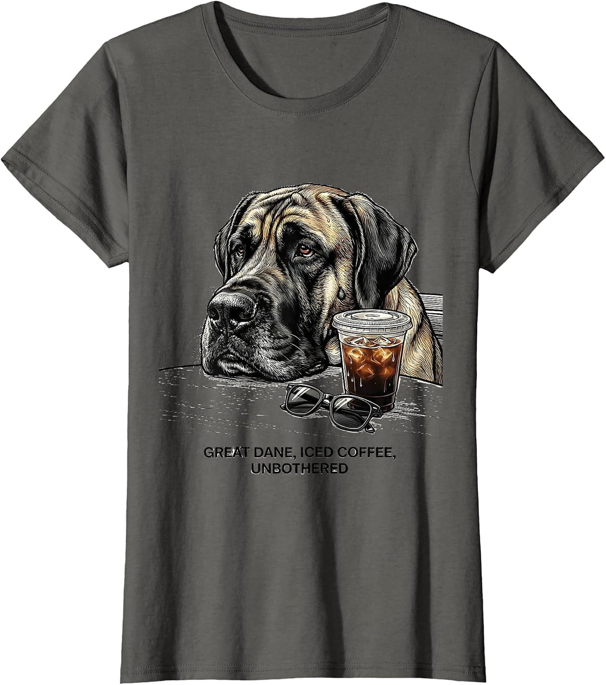 Women's Great Dane Iced Coffee Unbothered Funny Dog Lover Meme T-Shirt - Asphalt Grey