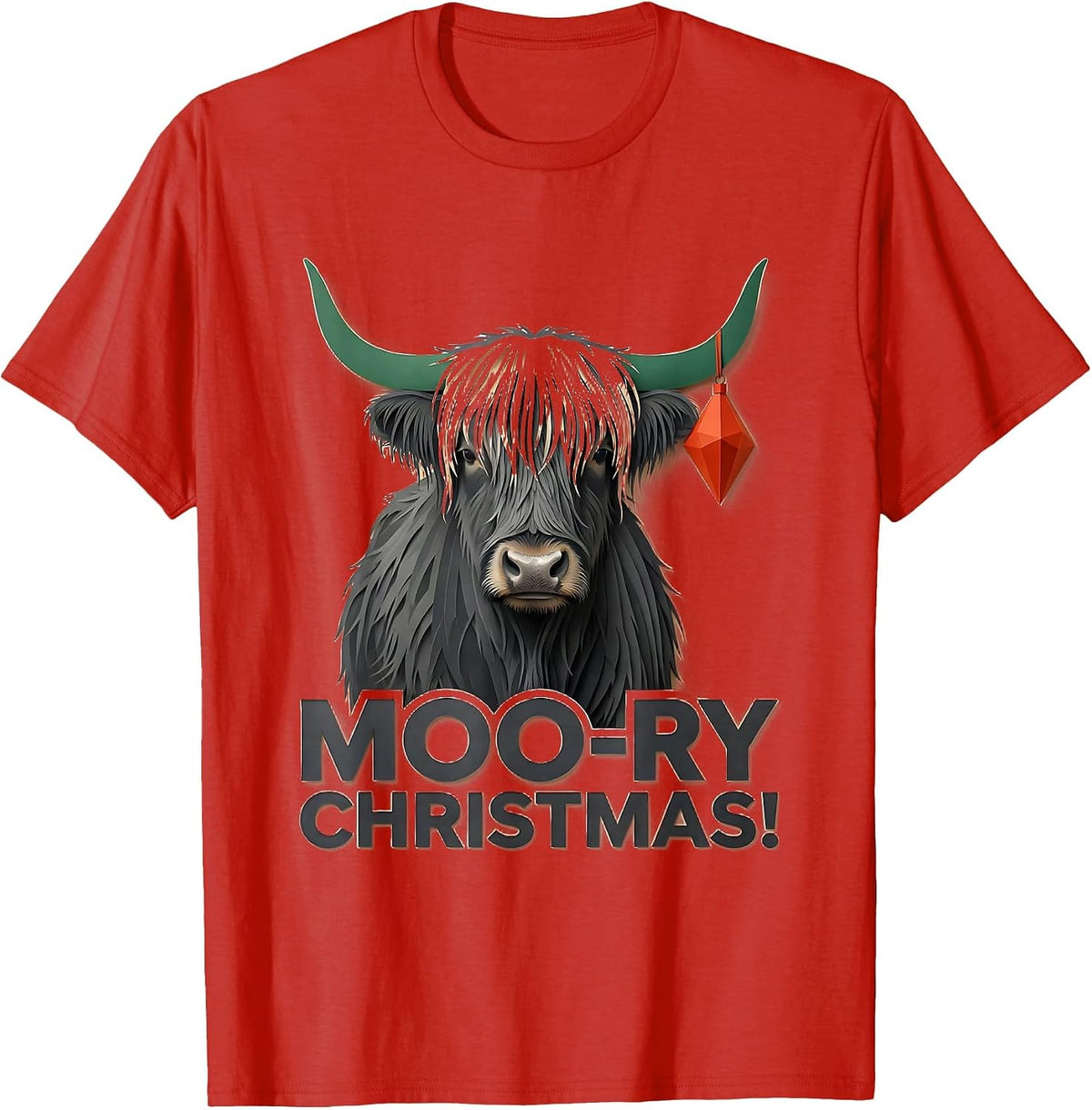 Men's Moo-ry Christmas! Paper Cutout Highland Cow Seasonal Holiday T-Shirt - Red