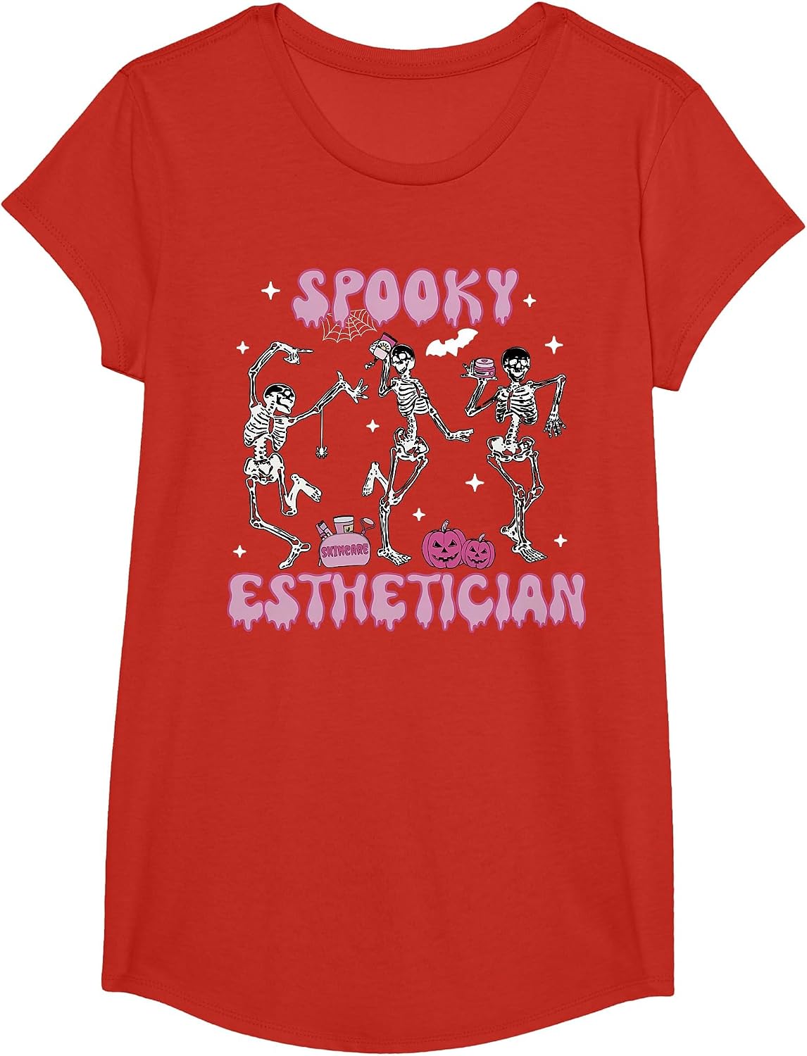 Spooky Esthetician Skeleton Dancing Halloween Skin Therapist T-Shirt - Girls Red