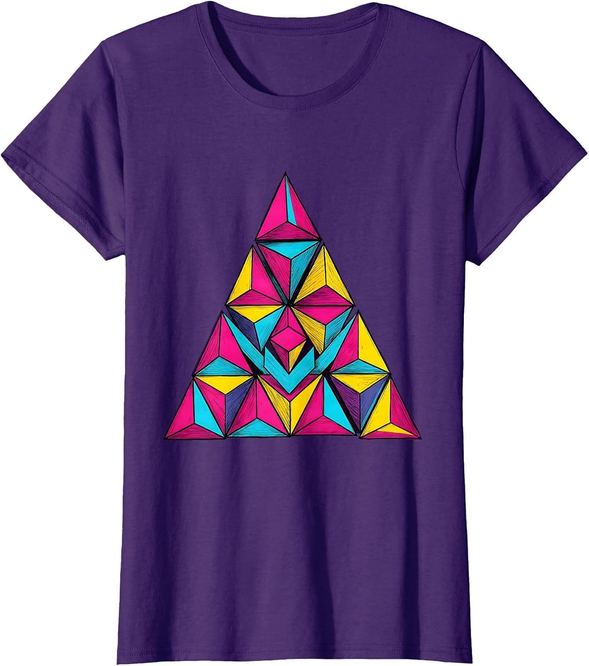 Women's Neon Geometric Triangle 80s Retro Design T-Shirt - Purple