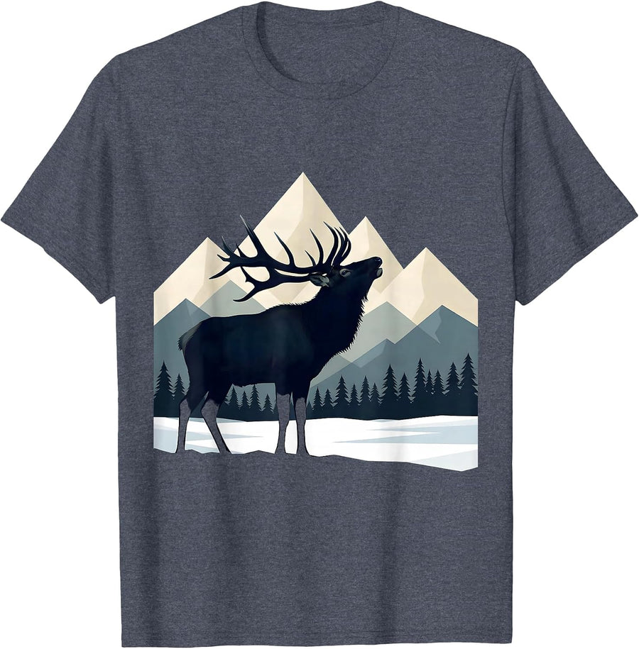 Elk Bugling in Snowy Mountain Clearing T-Shirt - Heather Blue