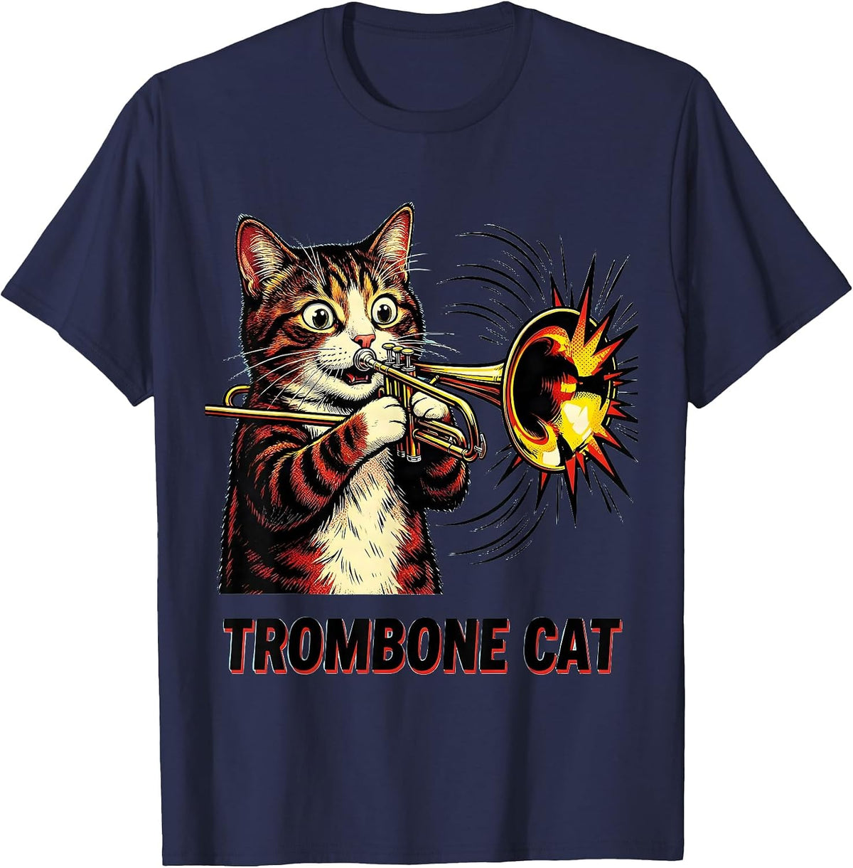 Trombone Cat Pop Art Funny Cat Musician Music Teacher Gift T-Shirt - Navy Blue