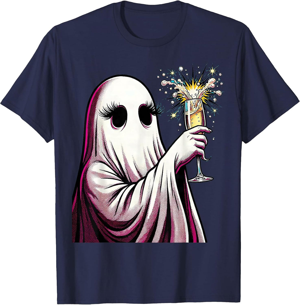 Boo Jee Ghost Champagne Flute Graphic T-Shirt - Navy Blue