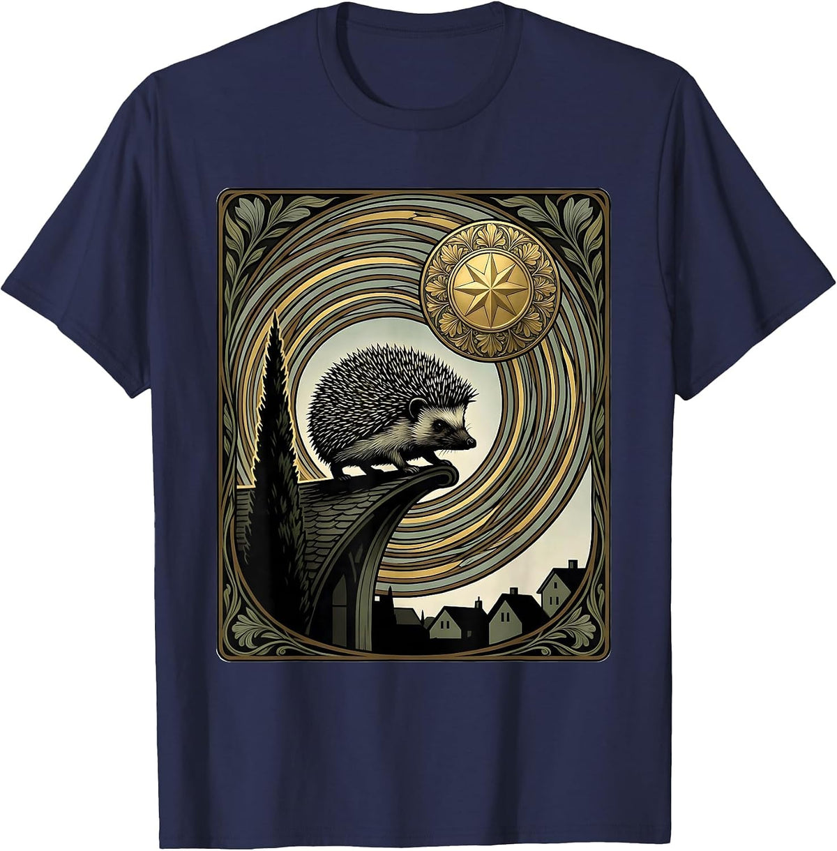 Hedgehog Starry Night Art Nouveau Animal Lover Parody T-Shirt - Navy Blue