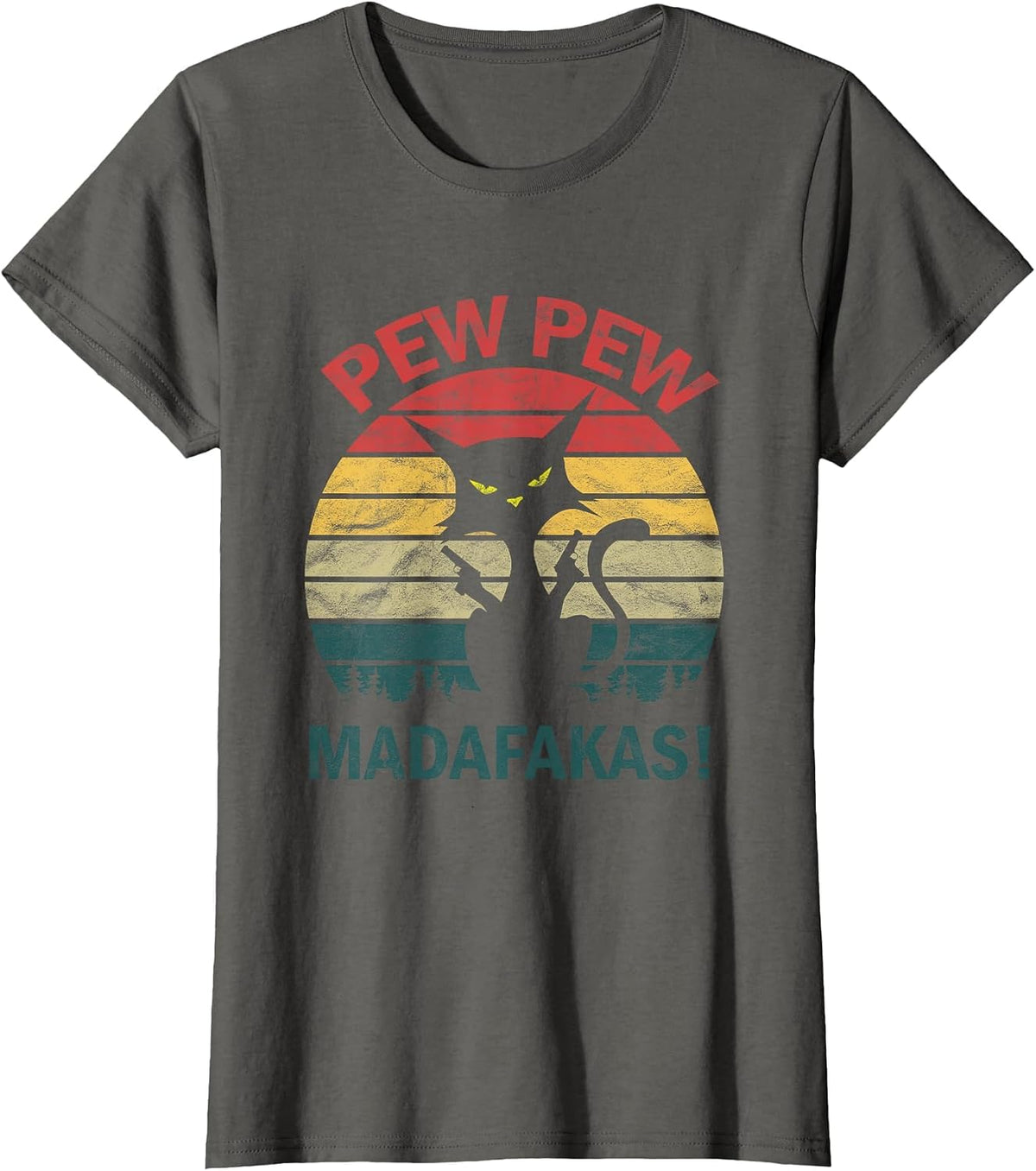 Funny Black Crazy Kitty Cat - Pew Pew Madafakas T-Shirt - Asphalt Grey