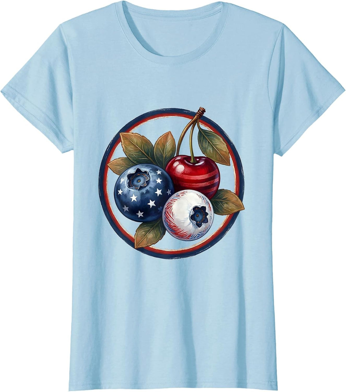 Red White and Blueberries Patriotic Fruit Art T-Shirt - Baby Blue
