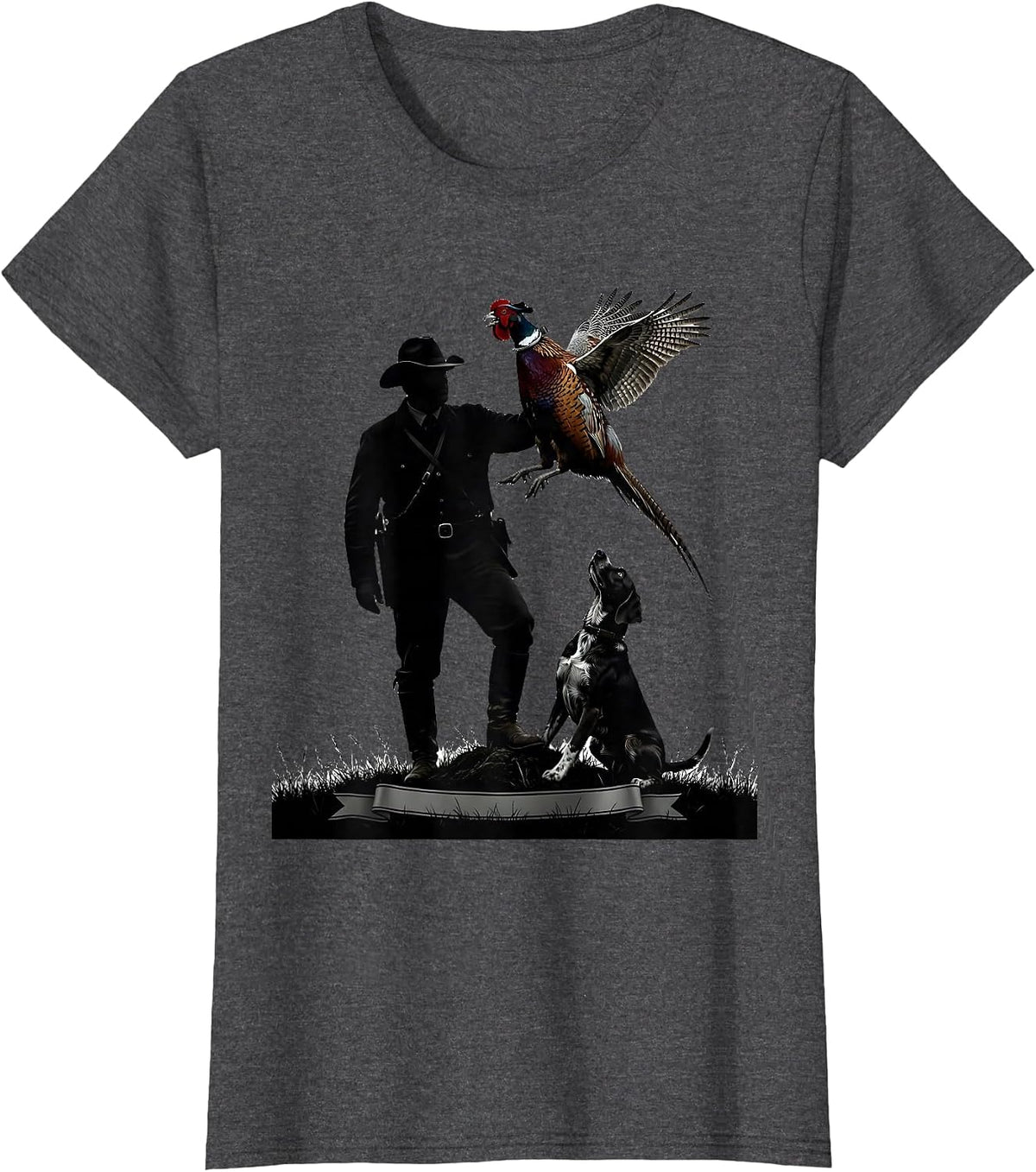 Women's Pheasant Hunter Silhouette Bird Dog Upland Hunting T-Shirt - Dark Heather Grey