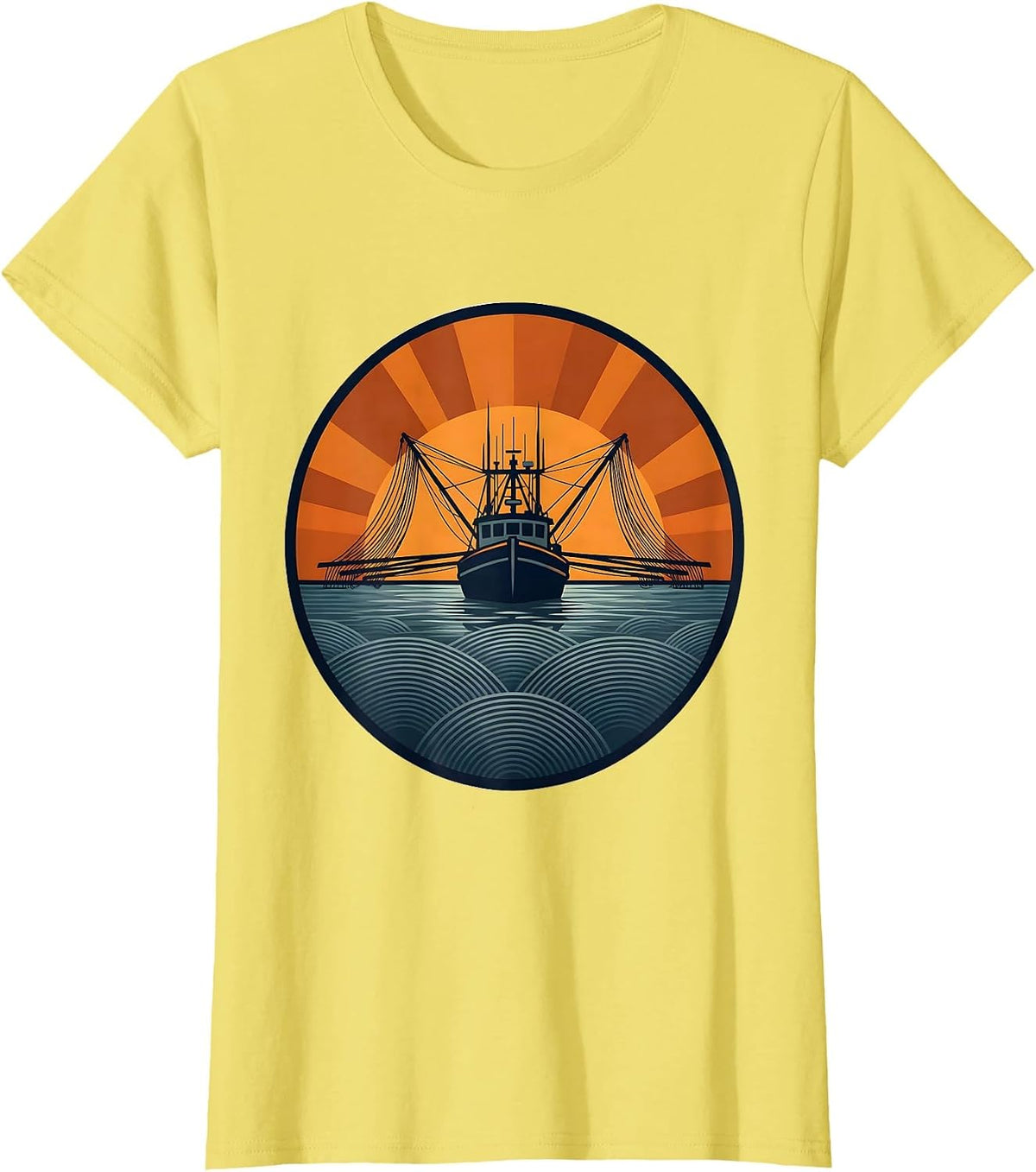 Gulf of America Shrimper Silhouette Sunset T-Shirt - Lemon Yellow