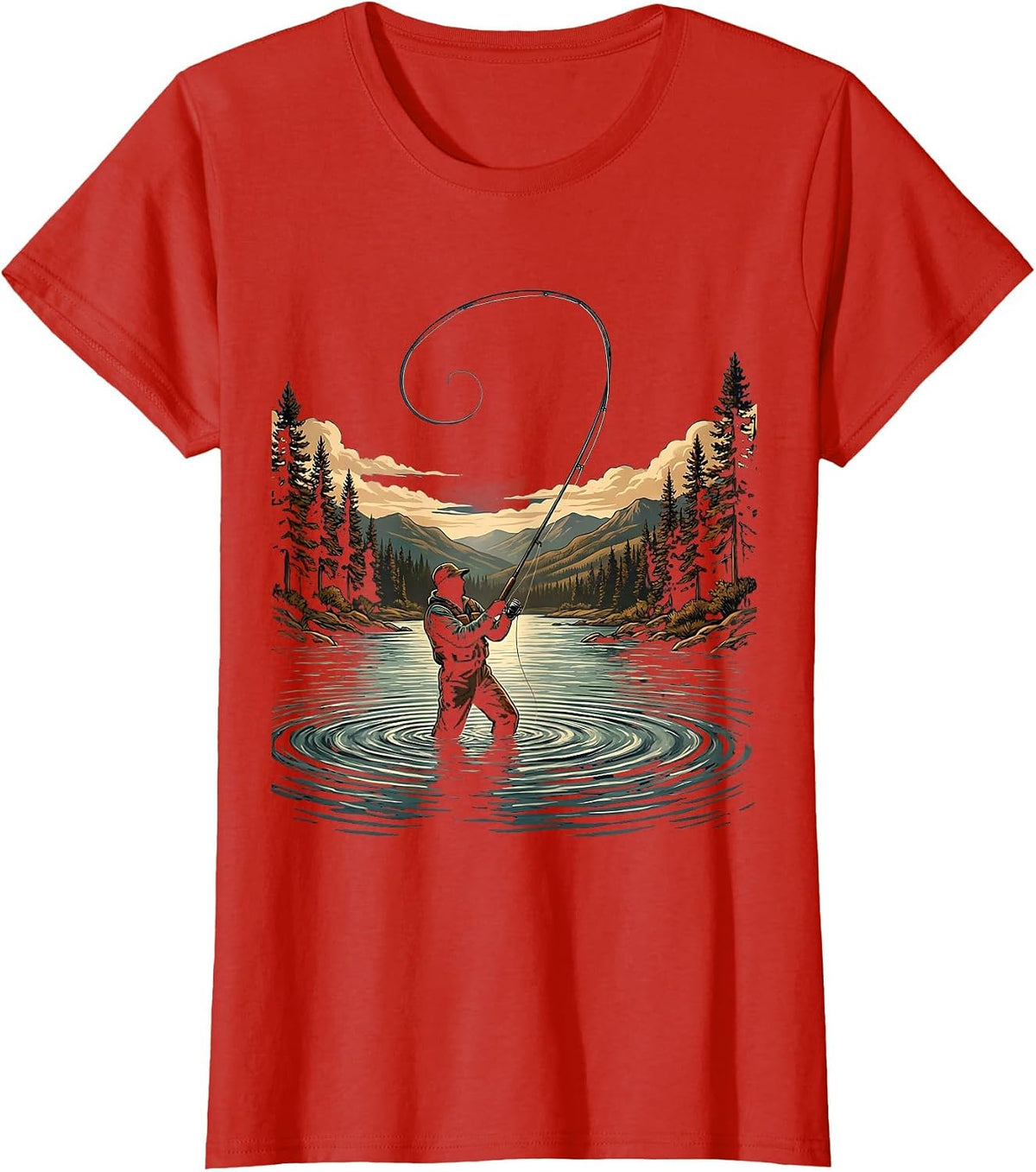 Fly Fisherman Casting Arc in River Graphic T-Shirt - Red