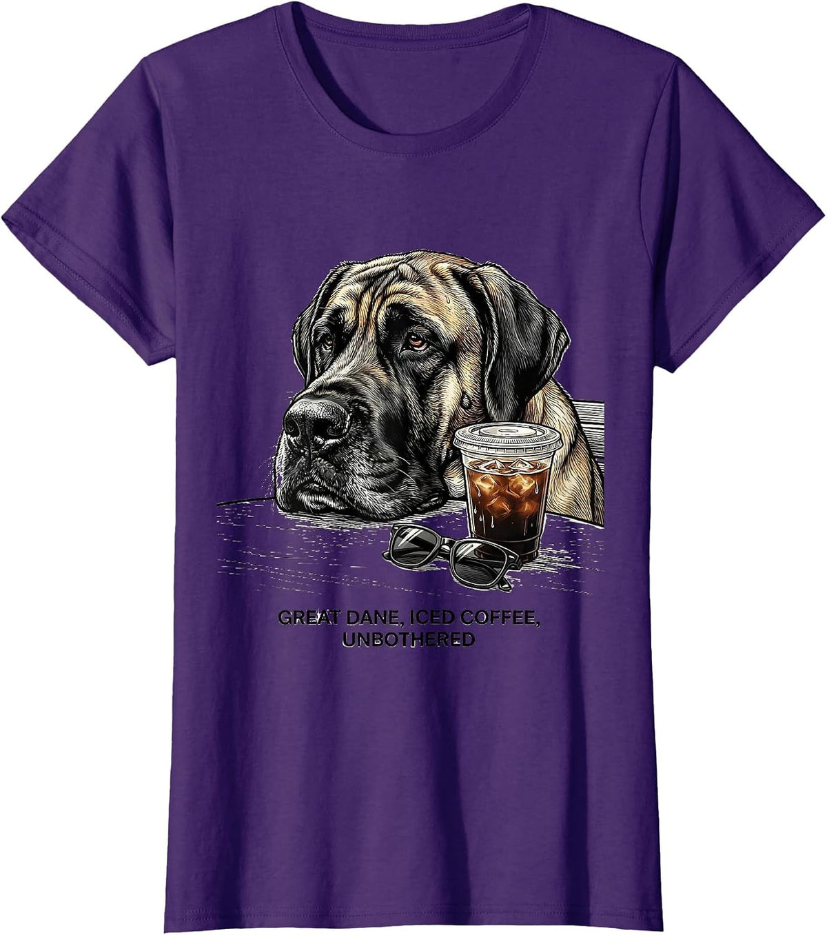 Women's Great Dane Iced Coffee Unbothered Funny Dog Lover Meme T-Shirt - Purple