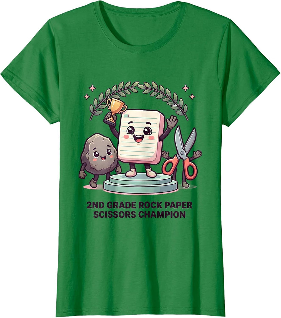 2nd Grade Rock Paper Scissors Champion Cute Kawaii Back T-Shirt, Women, Kelly Green, Small - As Pictured