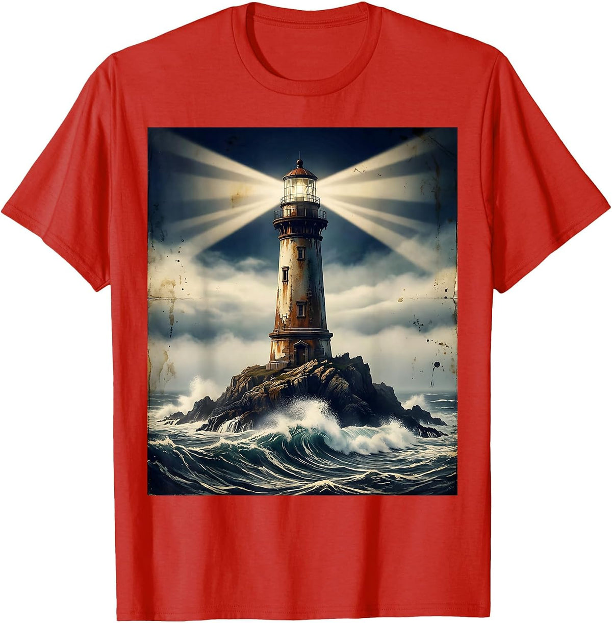 Men's Lighthouse Beam Through Night Fog Sailor Design T-Shirt - Red