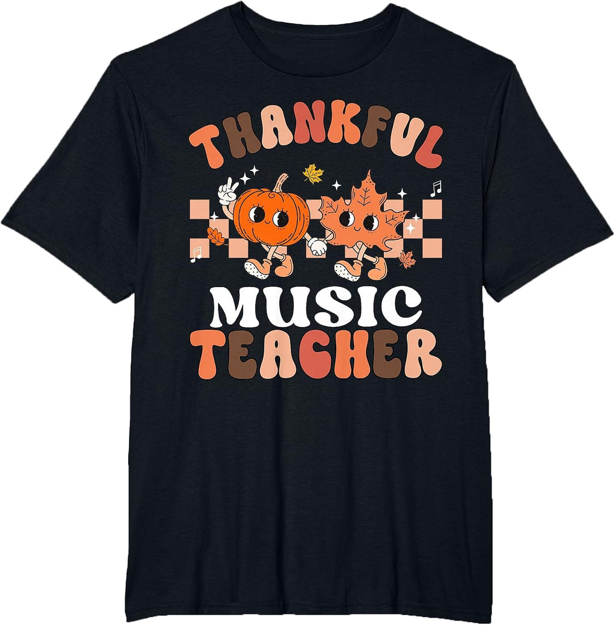 Retro Thankful Music Teacher Pumpkin Fall Thanksgiving T-Shirt - Black