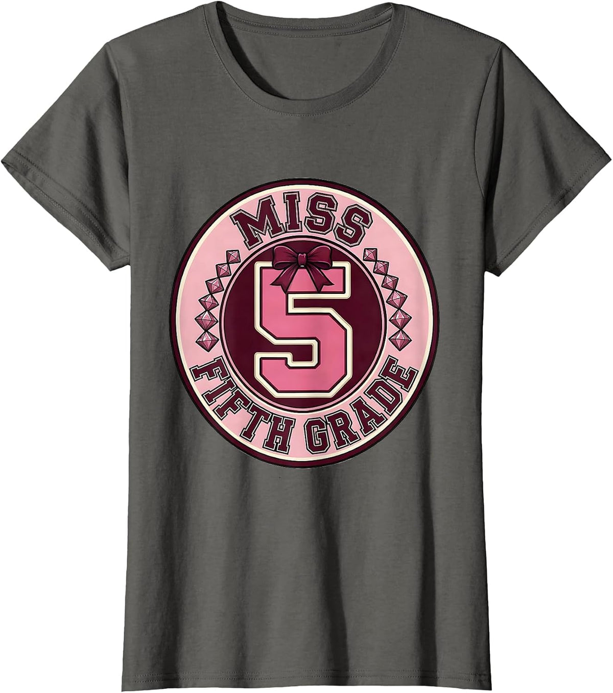 Women's Miss Fifth Grade Sparkle Varsity Coquette Bow Back To School T-Shirt - Asphalt Grey