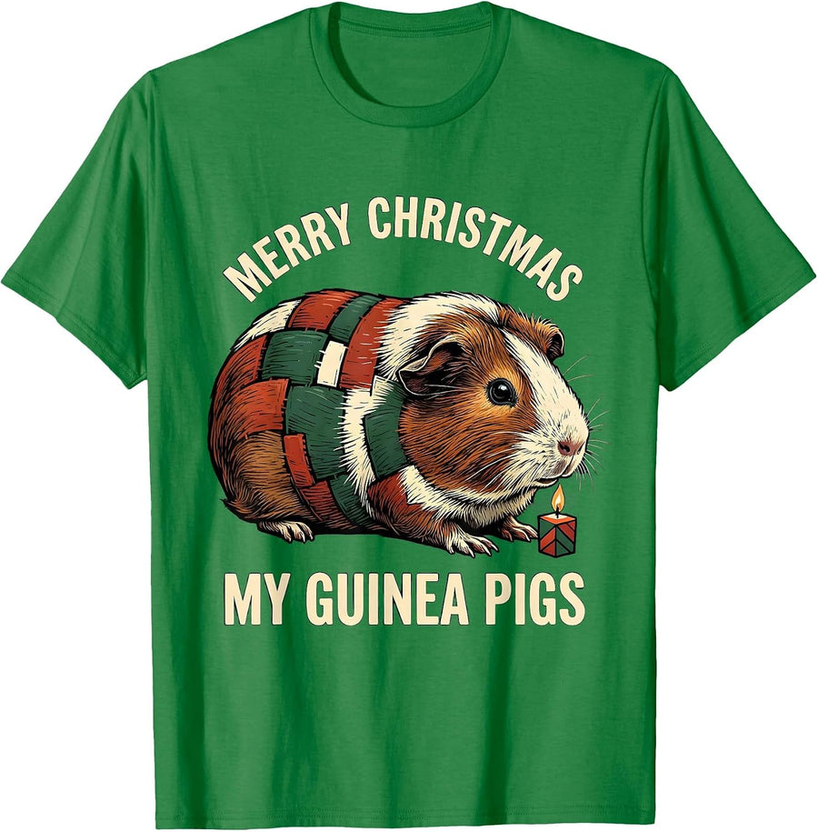 Men's Merry Christmas My Guinea Pigs Linocut Pet Lover Humor T-Shirt - Kelly Green
