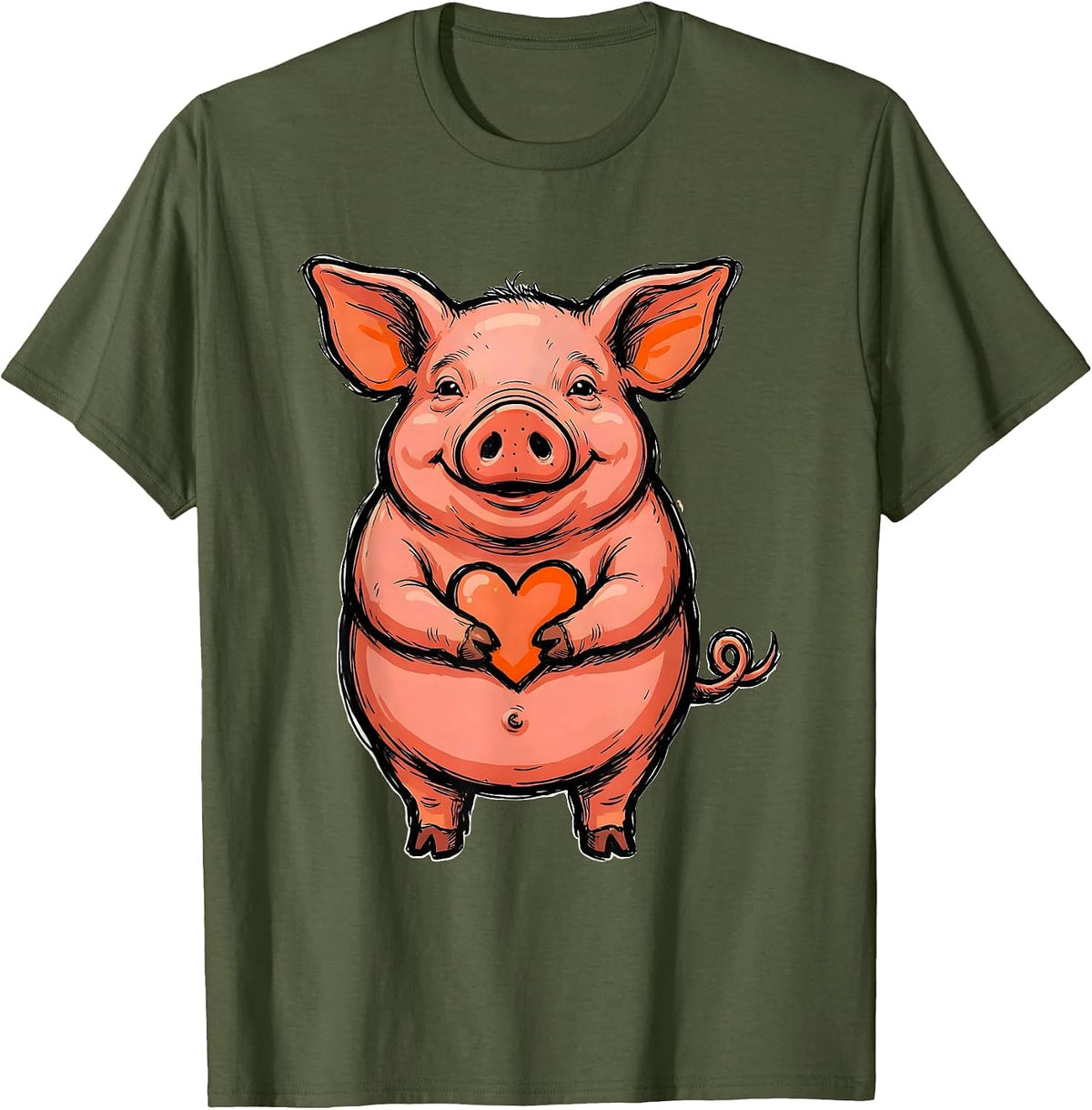 Men's Pig Hugging Heart Cheerful Farm Animal Humor T-Shirt - Olive Green