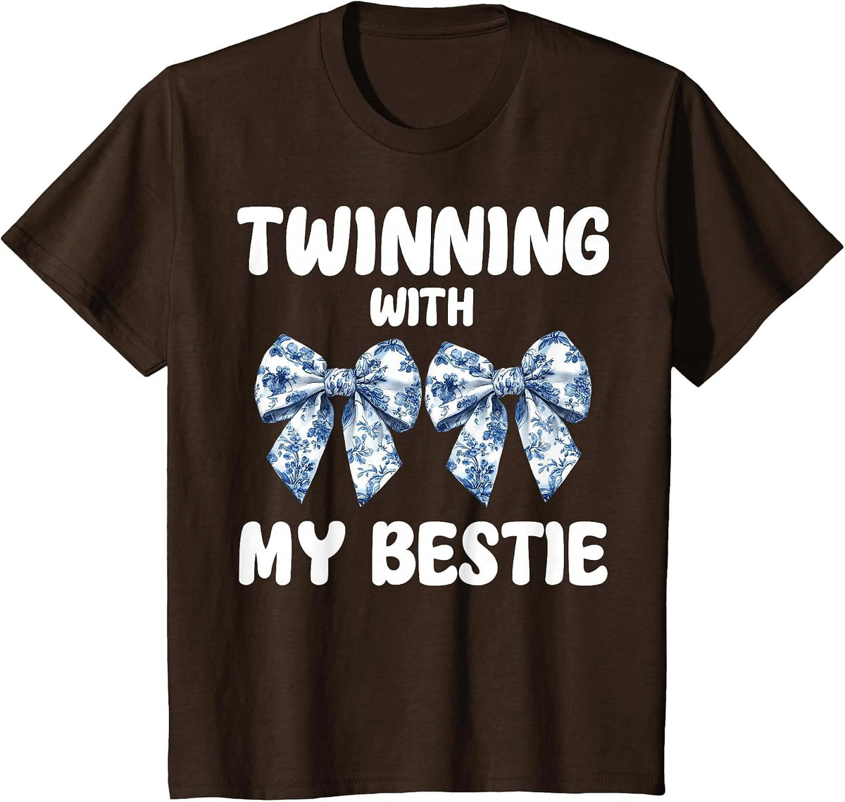 Cute Twinning with My Bestie Blue Toile Bow Coquette Bow T-Shirt - Brown