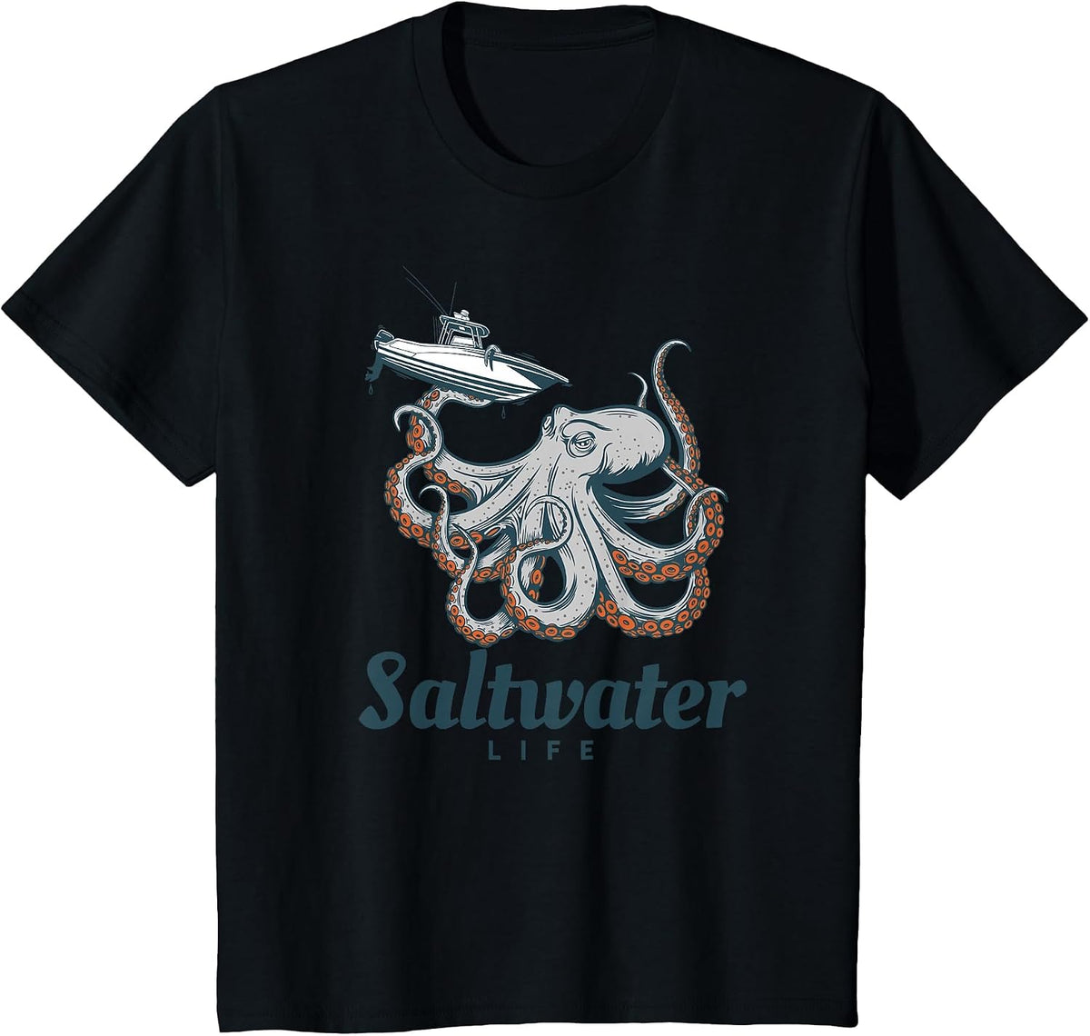 Saltwater Life Saltwater Octopus Holding a Boat T-Shirt - Black