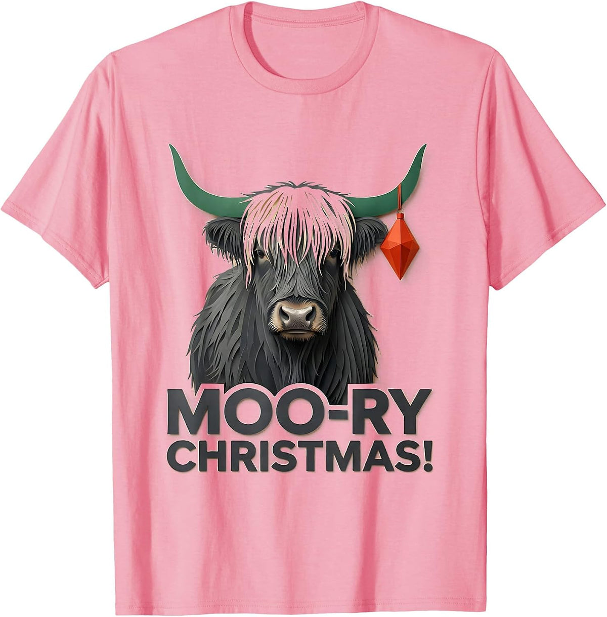 Men's Moo-ry Christmas! Paper Cutout Highland Cow Seasonal Holiday T-Shirt - Pink
