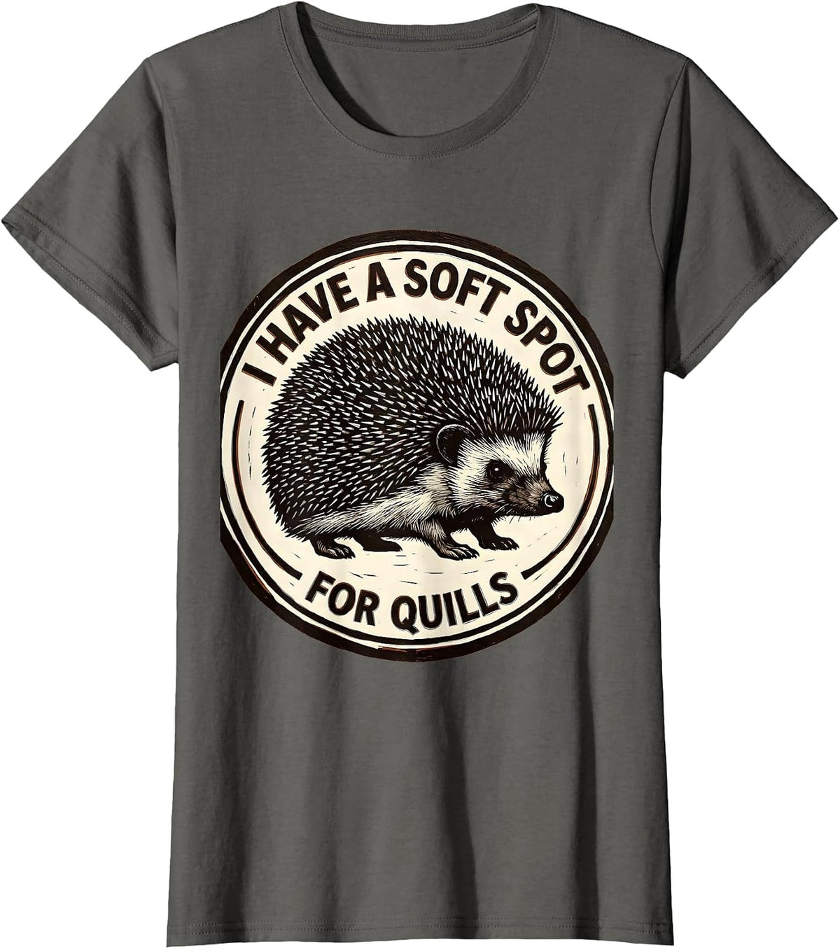 Women's I Have A Soft Spot For Quills Cute Hedgehog Lover Linocut T-Shirt - Asphalt Grey