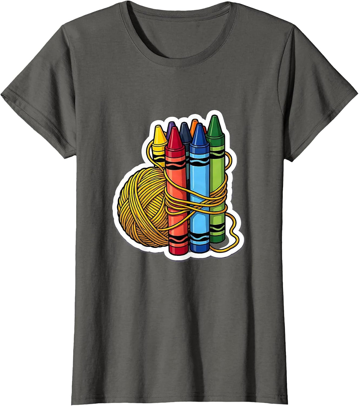 Women's Preschool Teacher Yarn and Crayon Graphic Tee T-Shirt - Asphalt Grey