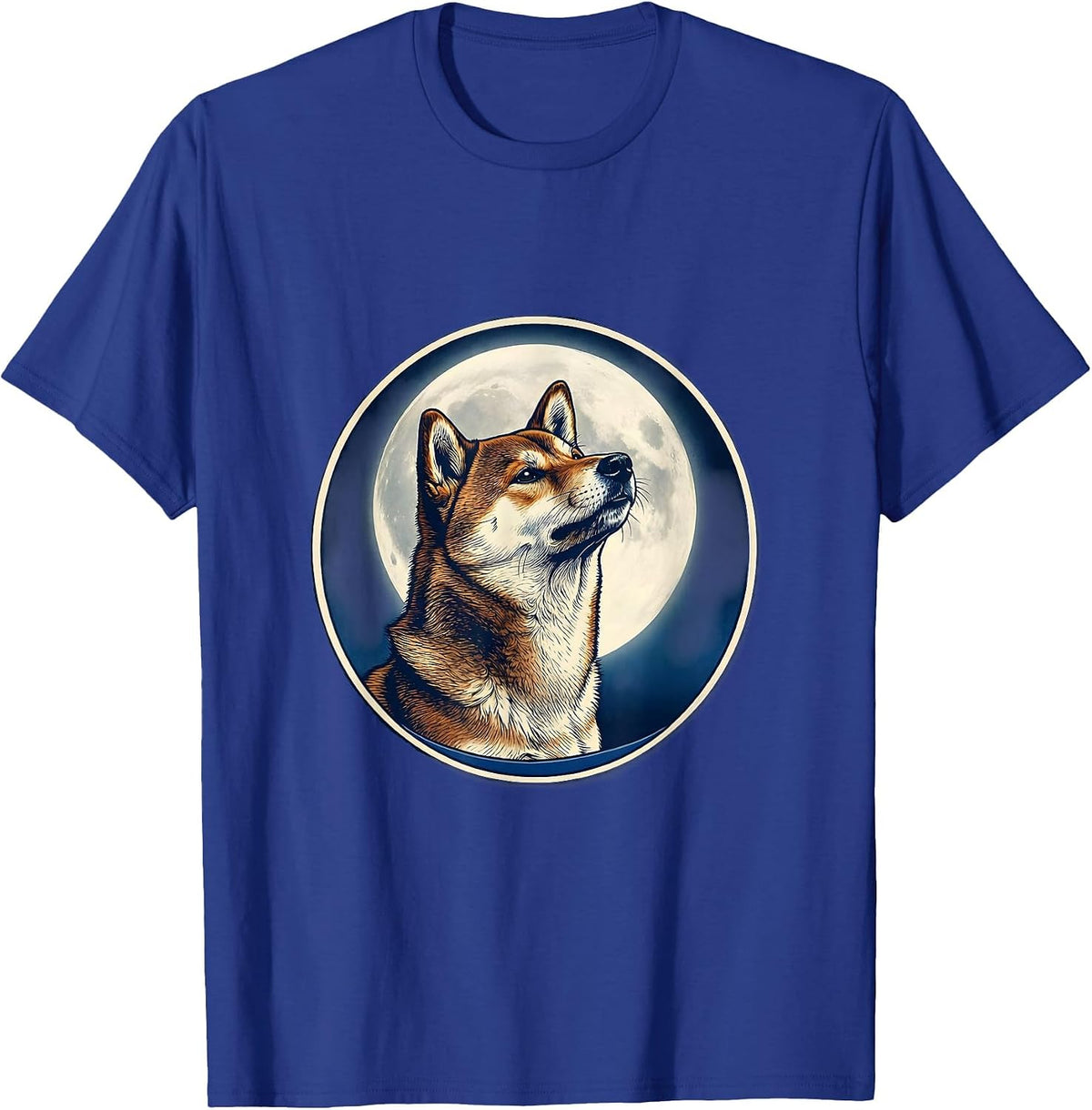 Shiba Inu Howling at the Moon Ukiyo-e Retro Dog Owner T-Shirt - Royal Blue