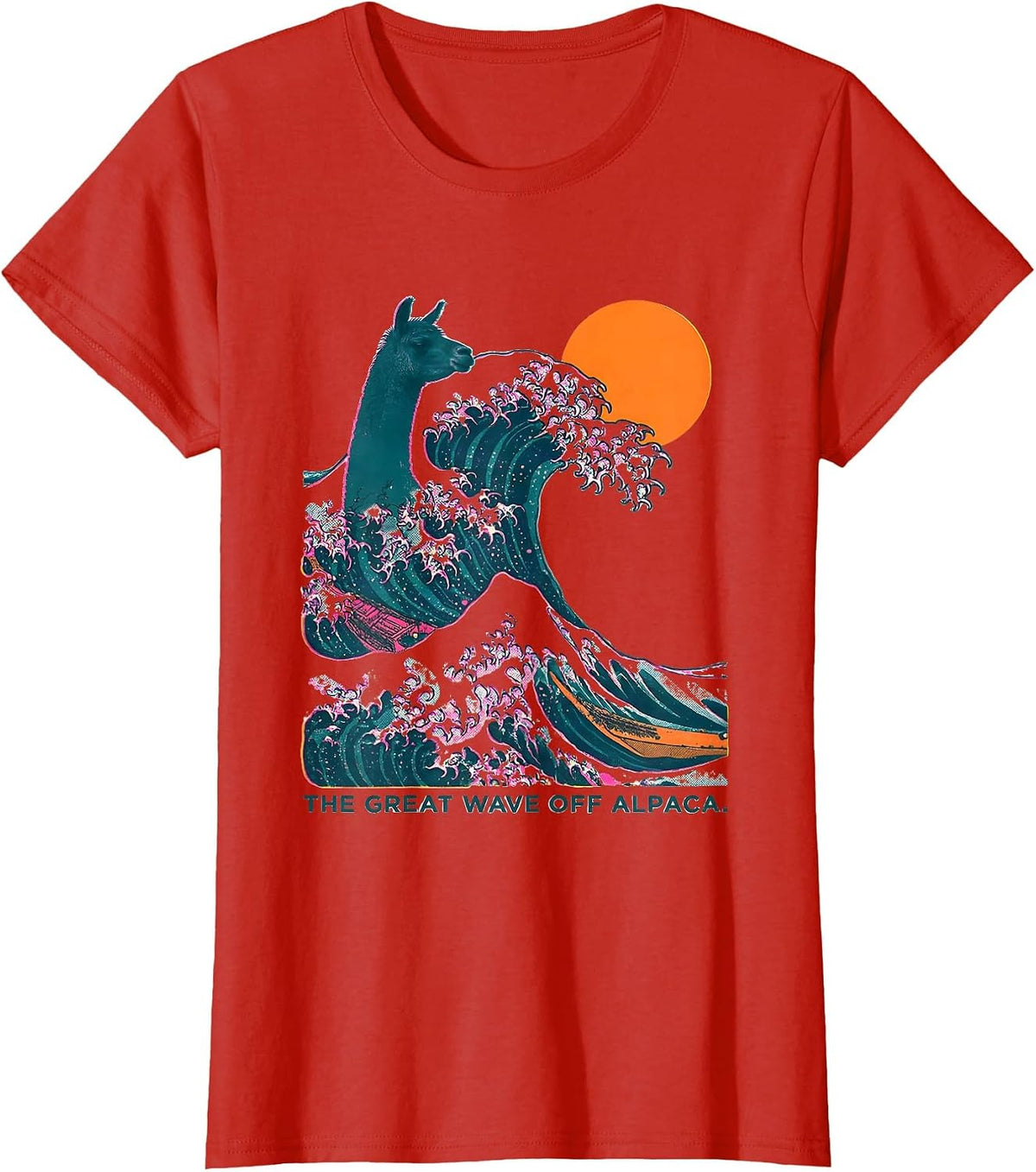 The Great Wave off Alpaca Risograph Funny Animal Lover T-Shirt - Red