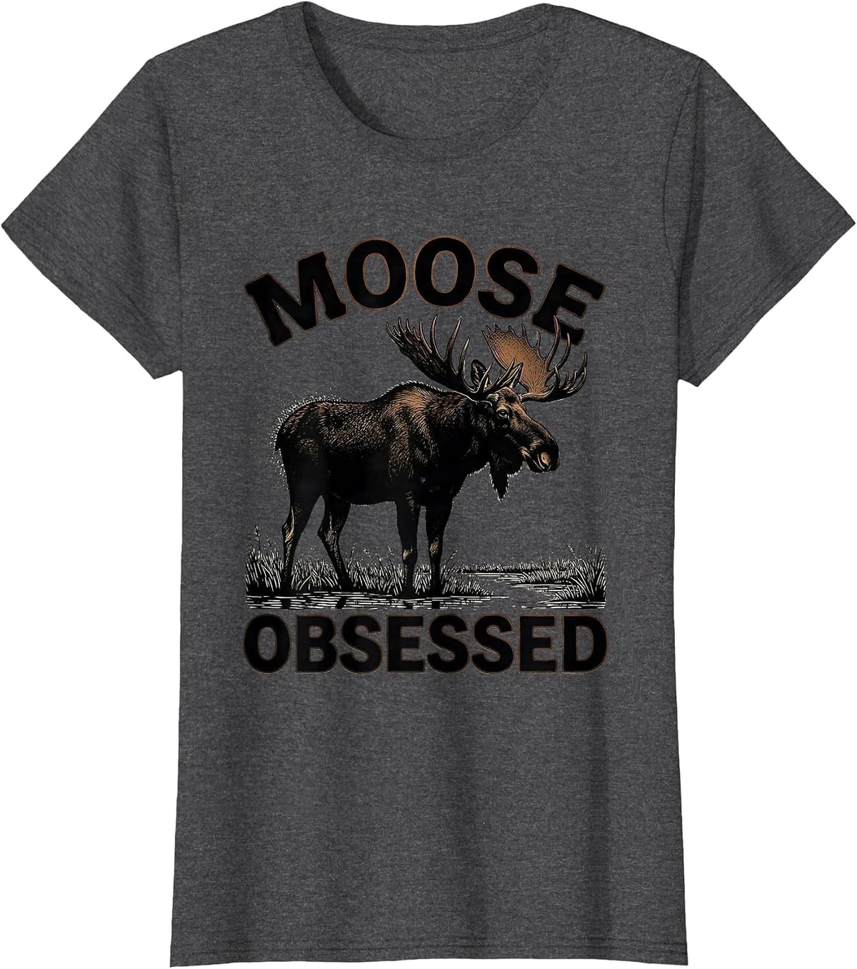 Women's Mooseobsessed Blackwork Dotwork Elk Moose Hunting Wildlife T-Shirt - Dark Heather Grey