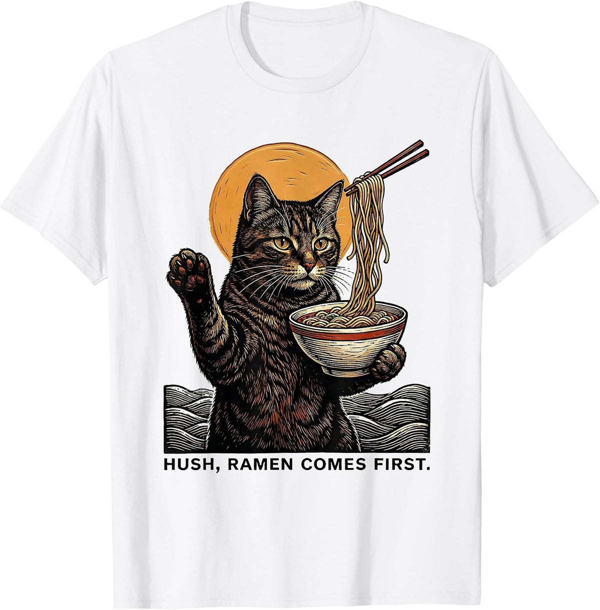 Men's Hush, Ramen Comes First Funny Kawaii Anime Cat Gift T-Shirt - White