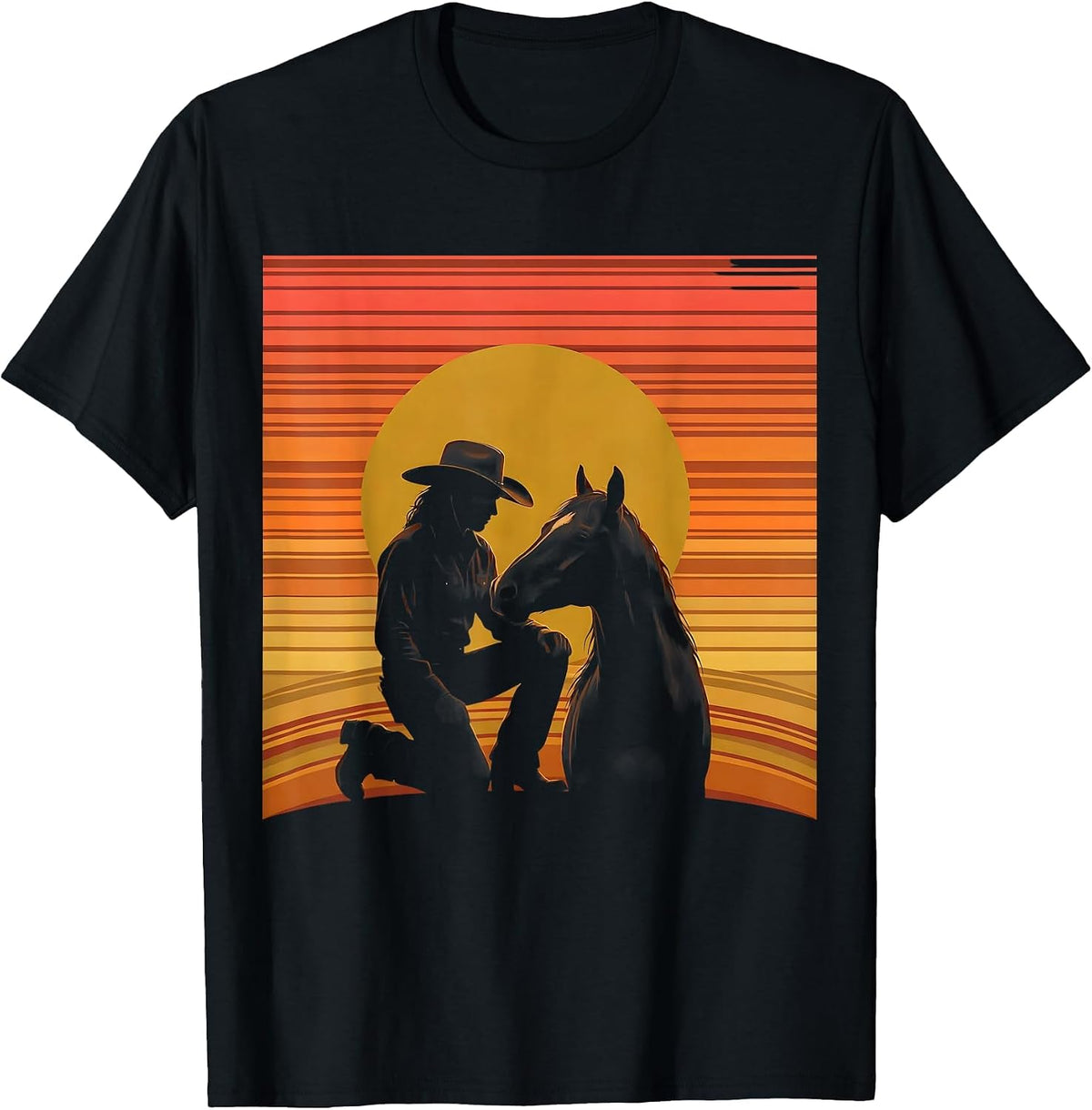 Men's Cowgirl and Horse at Dusk Rodeo Graphic T-Shirt - Black