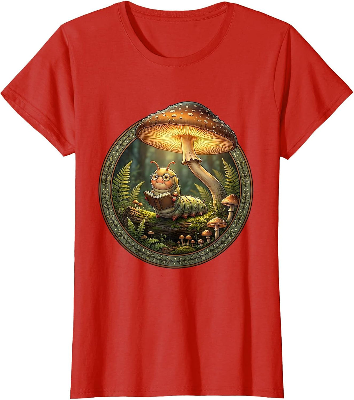 Caterpillar Reading Book Under Mushroom Lamp T-Shirt - Red
