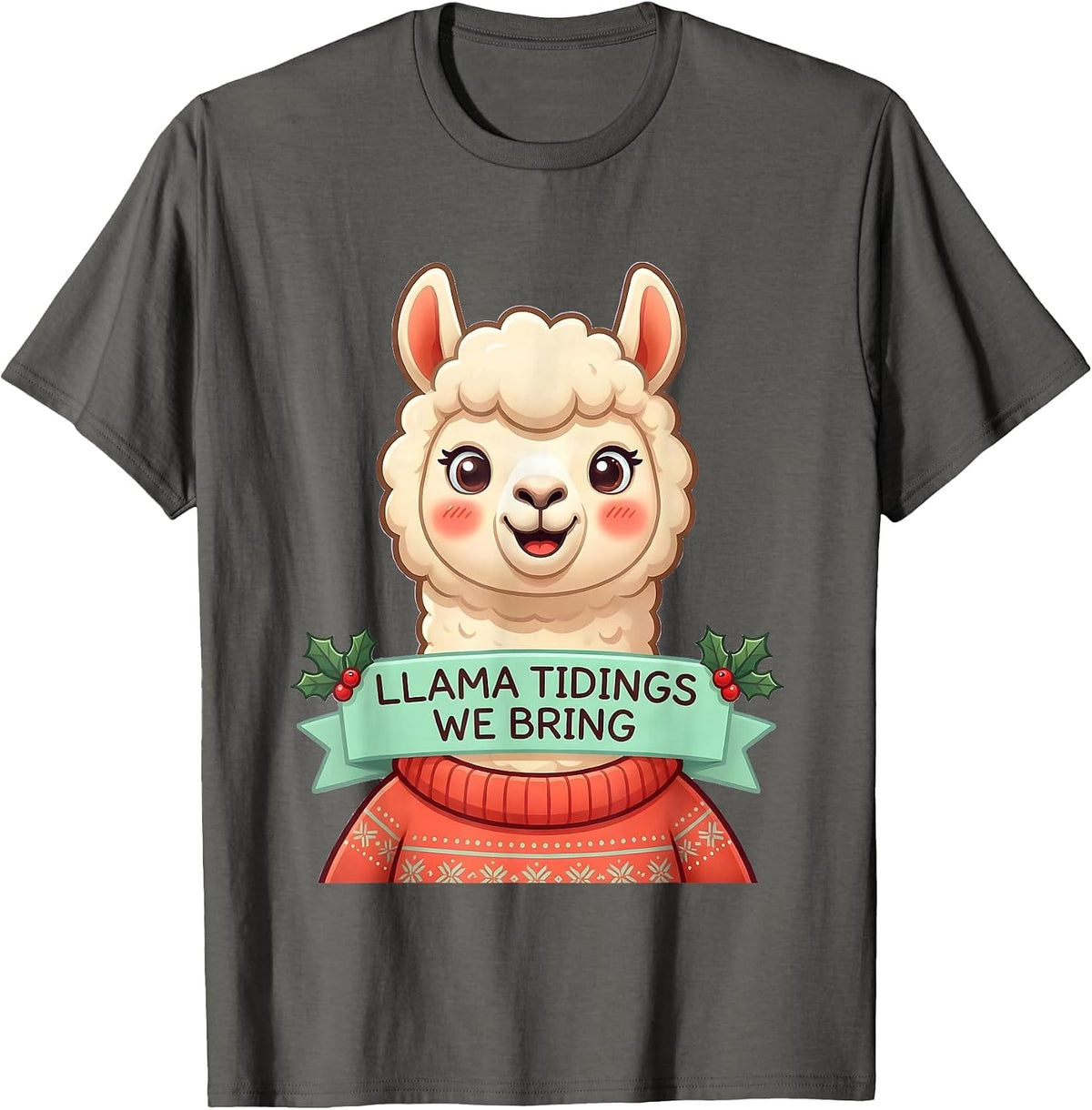 Llama Tidings We Bring Cute Kawaii Christmas Llama Lover T-Shirt - Asphalt Grey
