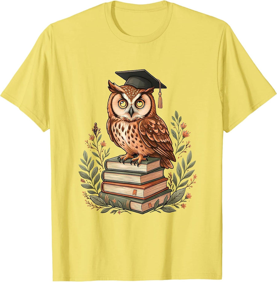 Men's Halloween Owl Teacher Graduation Cap Books T-Shirt - Lemon Yellow