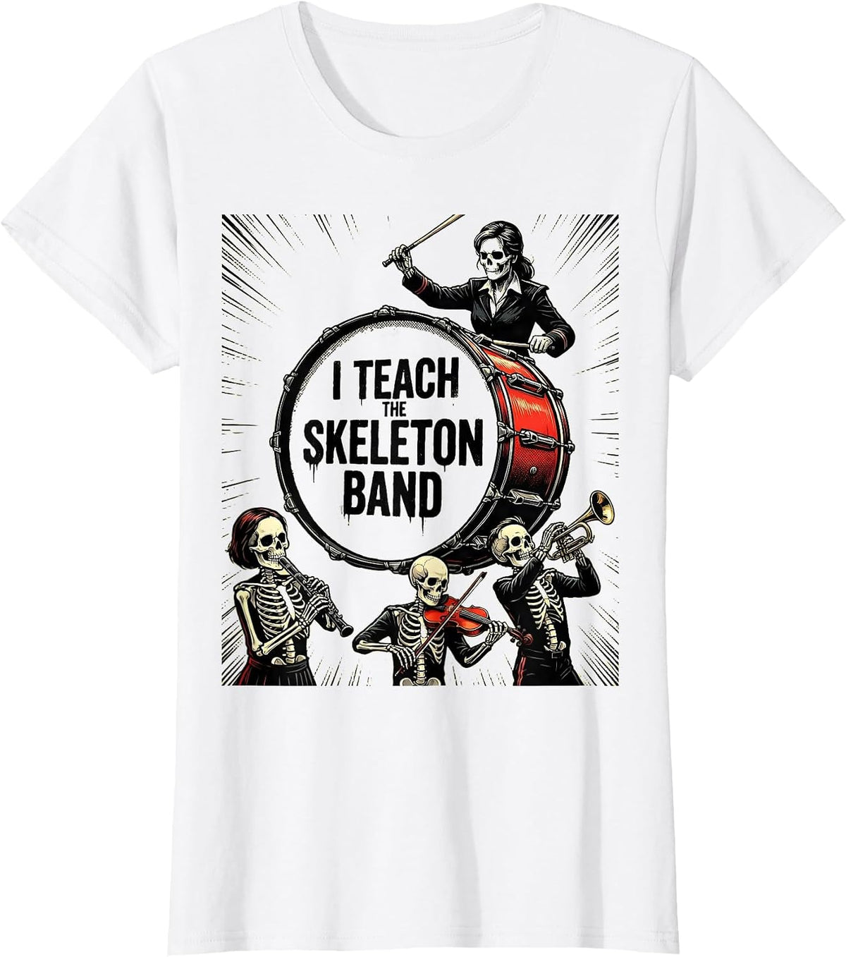I Teach The Skeleton Band Comic Book Ghost Music Teacher T-Shirt - White