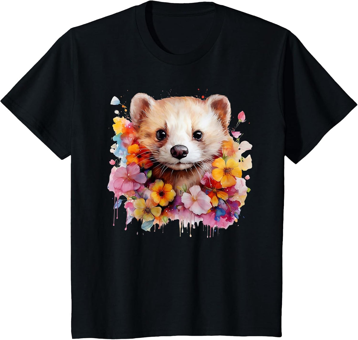 Pet Ferret Watercolor Flowers Ferret Mom T-Shirt - Black