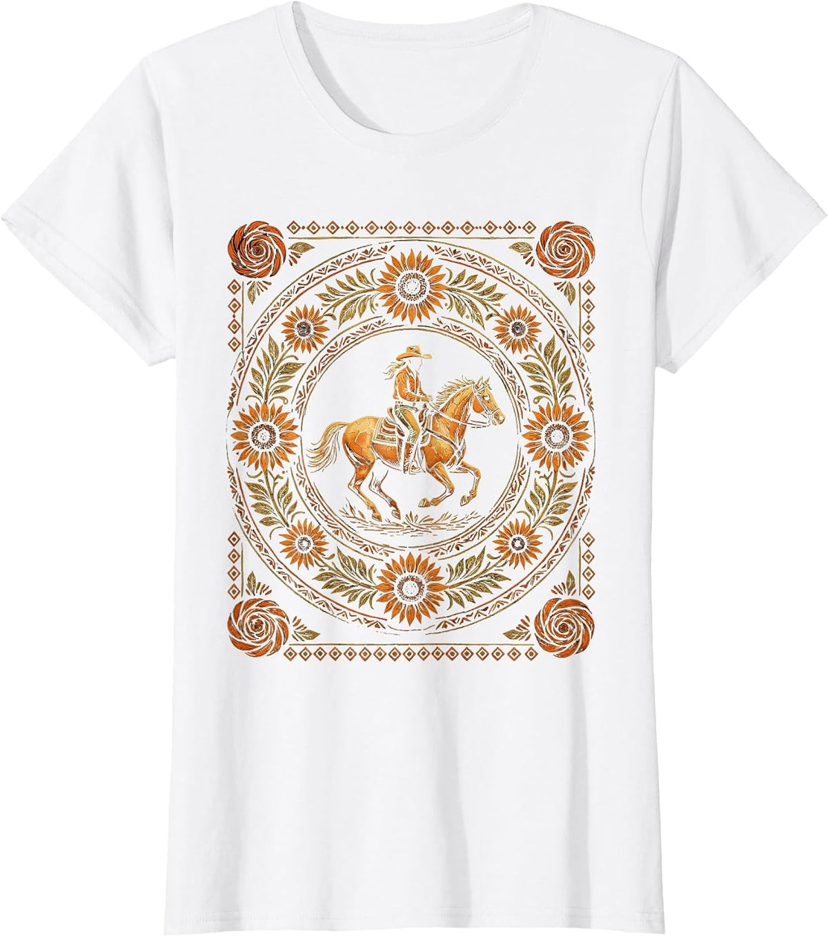 Women's Cowgirl on Galloping Horse Rodeo Illustration T-Shirt - White