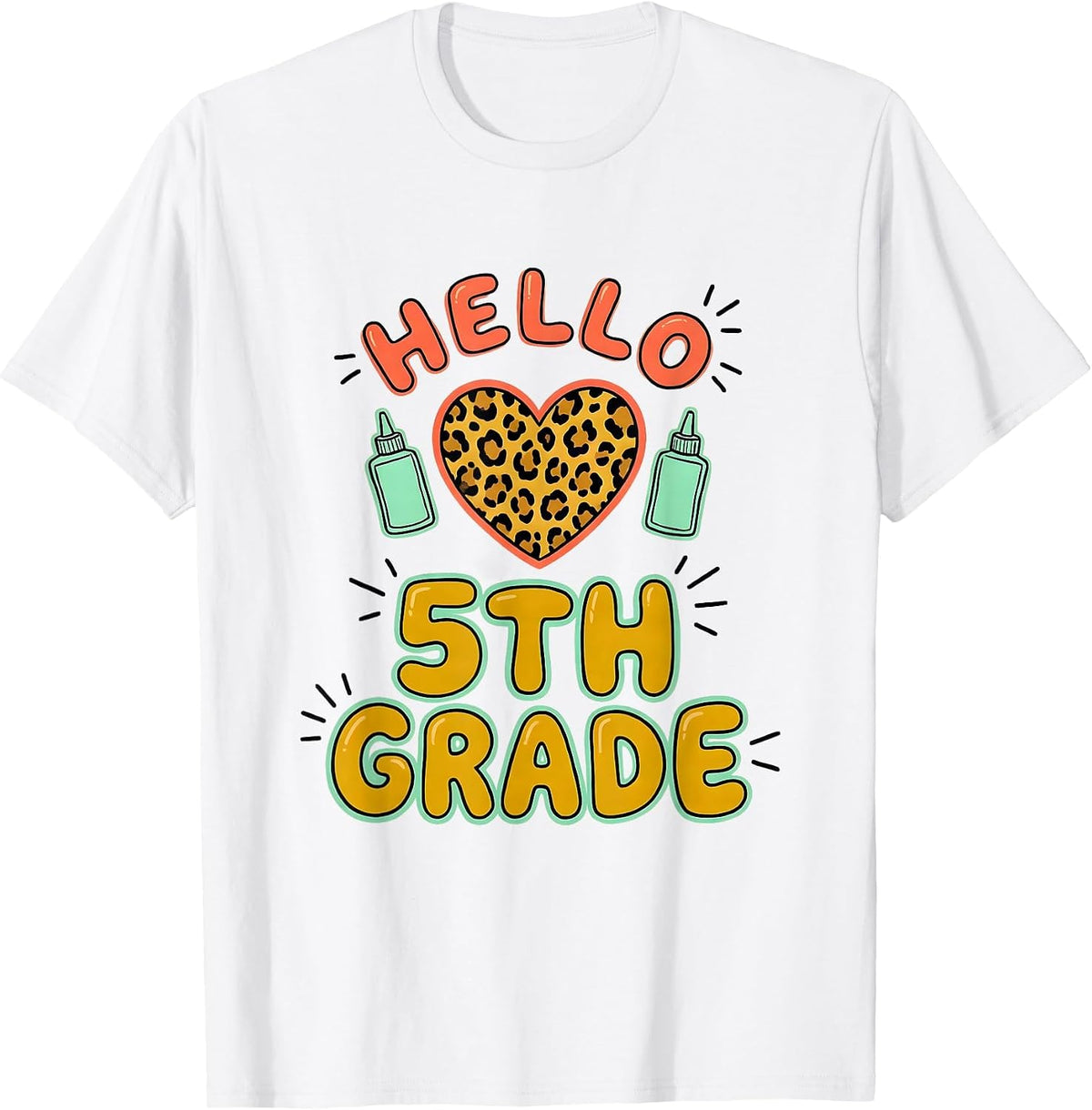 Men's Hello 5th Grade Casual Leopard Heart Back To School Girl T-Shirt - White
