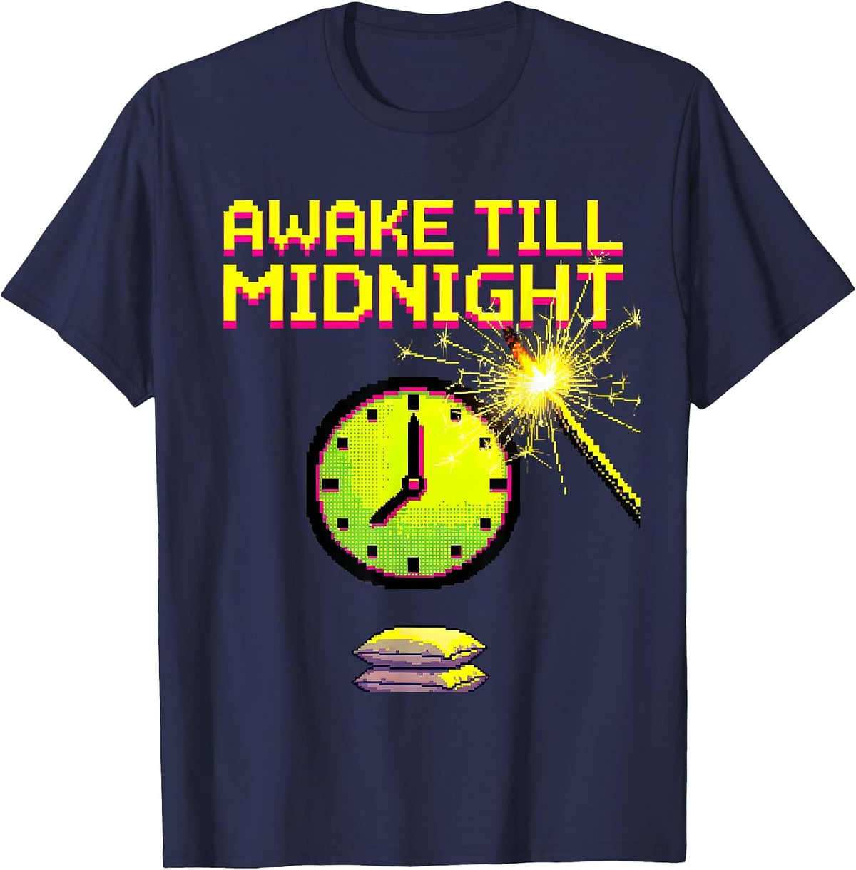 Awake Till Midnight Pixel Art New Years Eve Party Top T-Shirt - Navy Blue