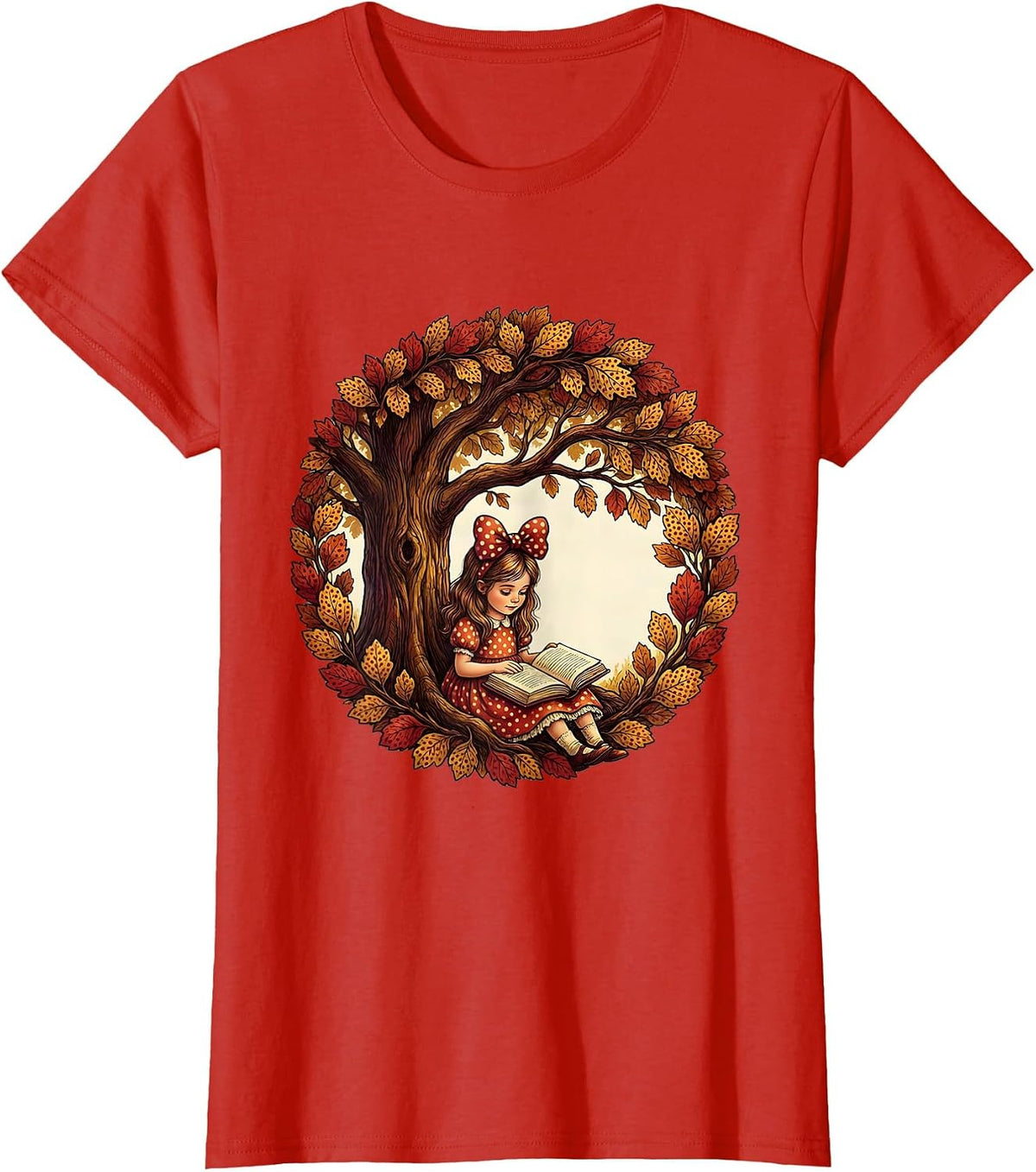 Girls Polka Dot Bow Reading Under Tree T-Shirt - Red