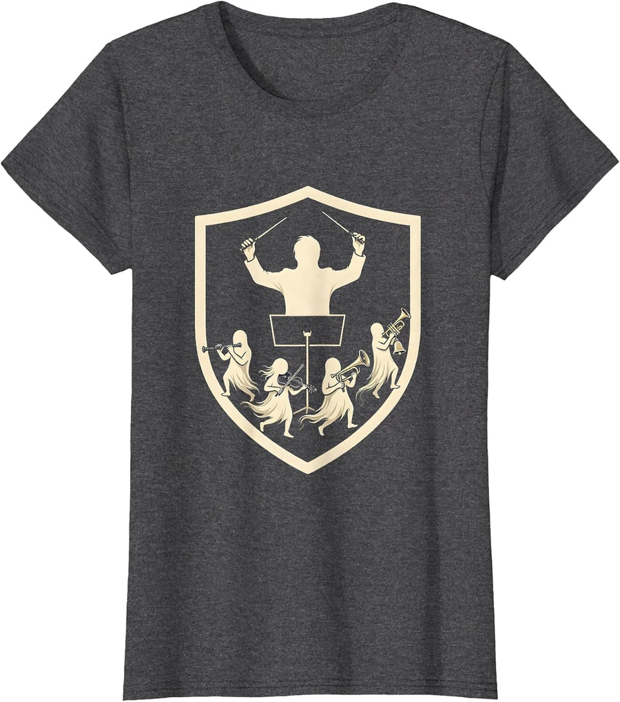 Women's Sealed Shield Ghost Band Music Teacher Halloween Humor T-Shirt - Dark Heather Grey