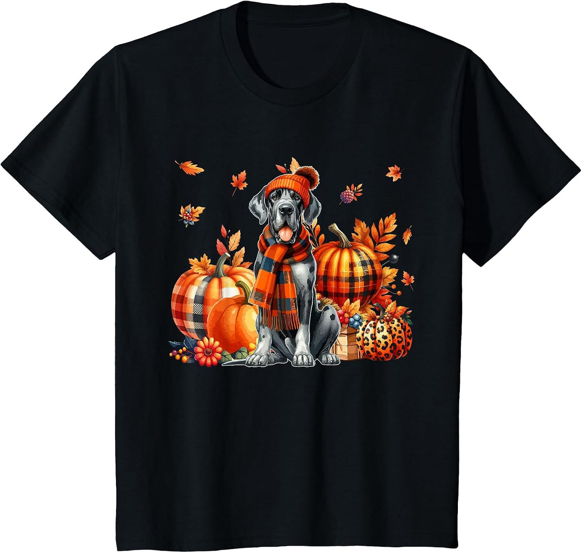 Great Dane Thanksgiving Leopard Pumpkins Fall Leaves Lover T-Shirt - Black