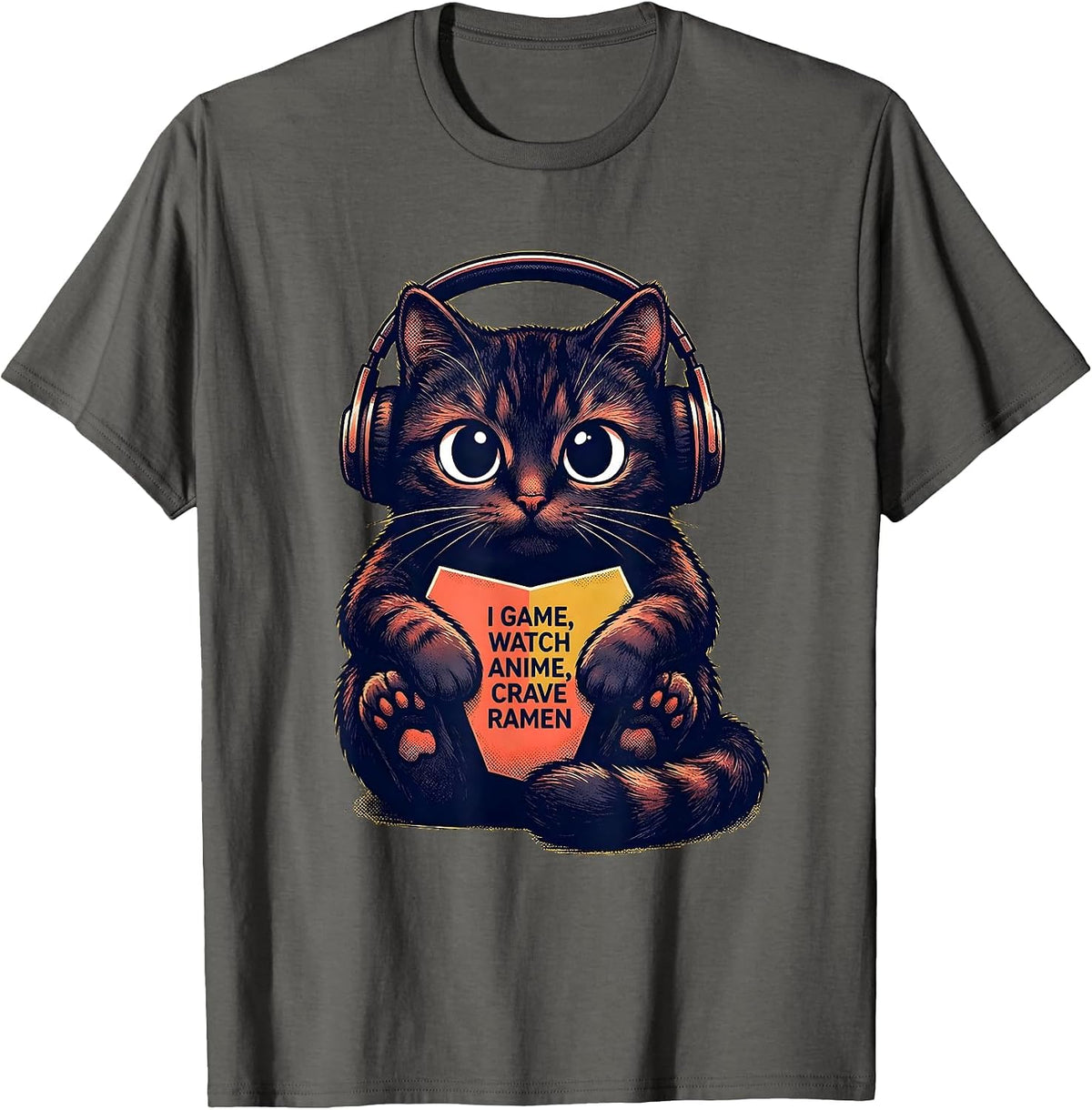 Men's I Game, Watch Anime, Crave Ramen Kawaii Anime Cat Gamer T-Shirt - Asphalt Grey