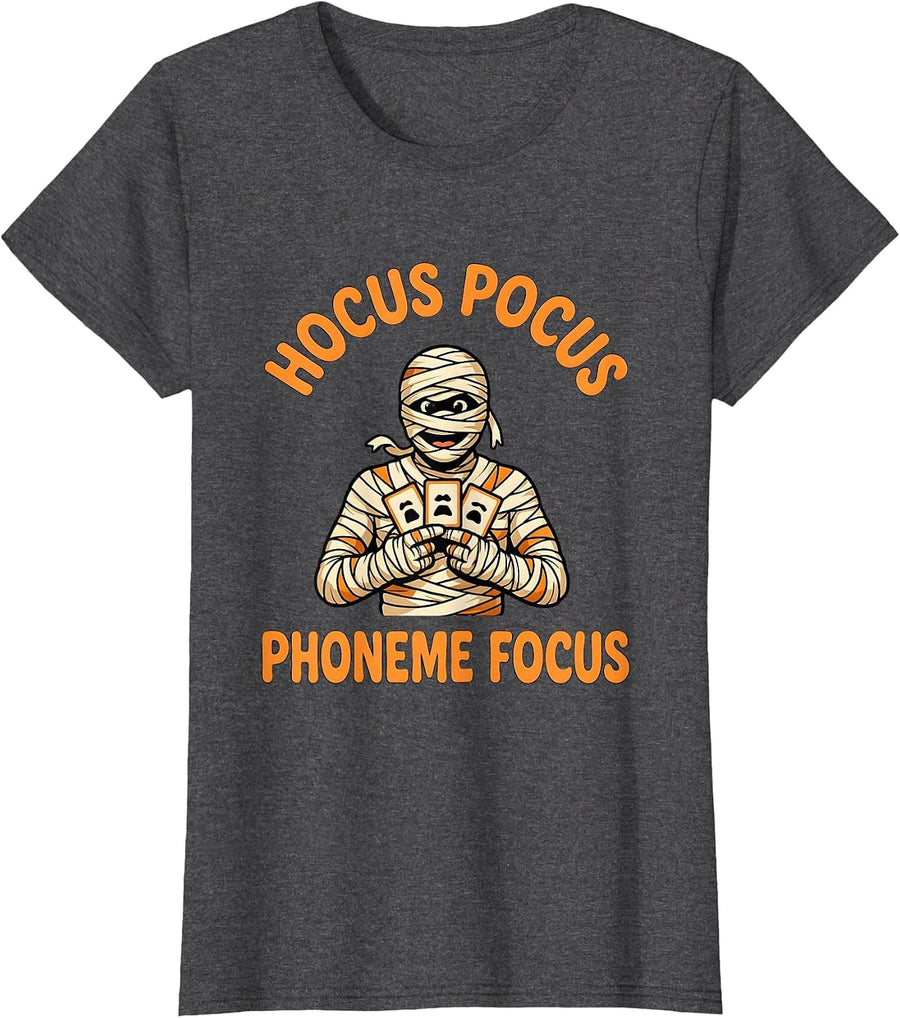 Women's Hocus Pocus Phoneme Focus Funny Speech Therapy SLP Teacher T-Shirt - Dark Heather Grey