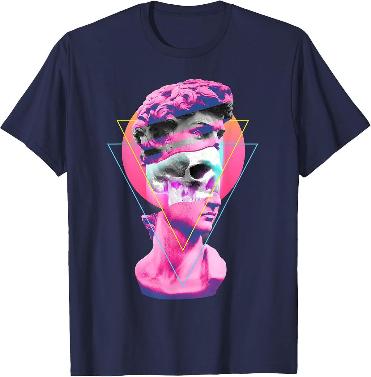 Vaporwave Statue David Bust Skull Retro 80s Glitch T-Shirt - Navy Blue