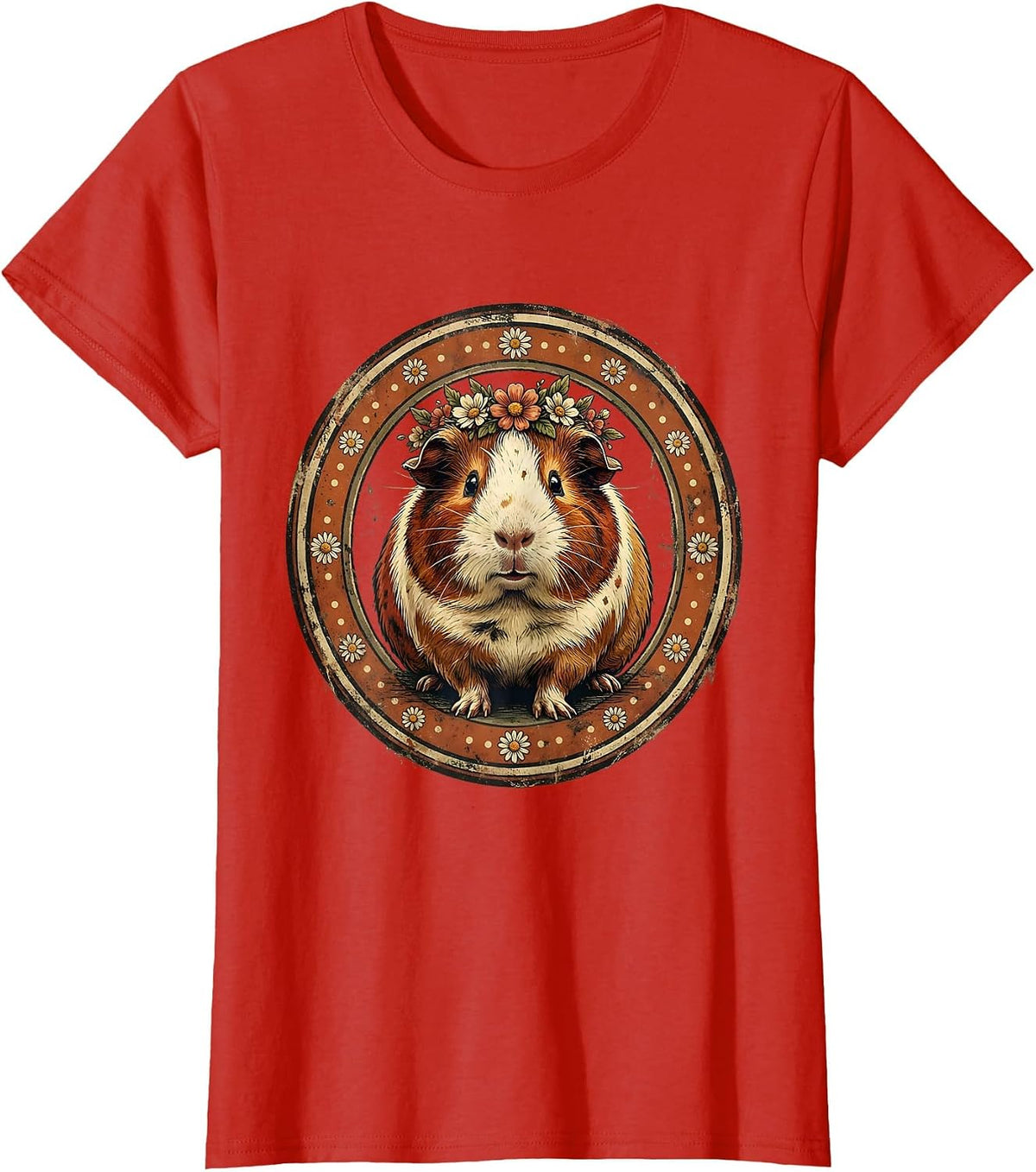 Spotted Guinea Pig Flower Crown Polka Dot Art T-Shirt - Red