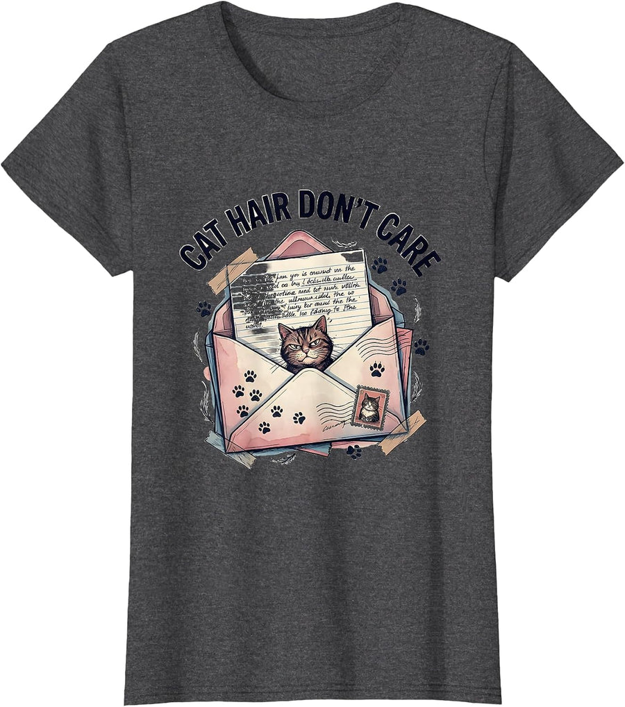 Women's Cat Hair Don't Care Funny Cat Lover Design T-Shirt - Dark Heather Grey