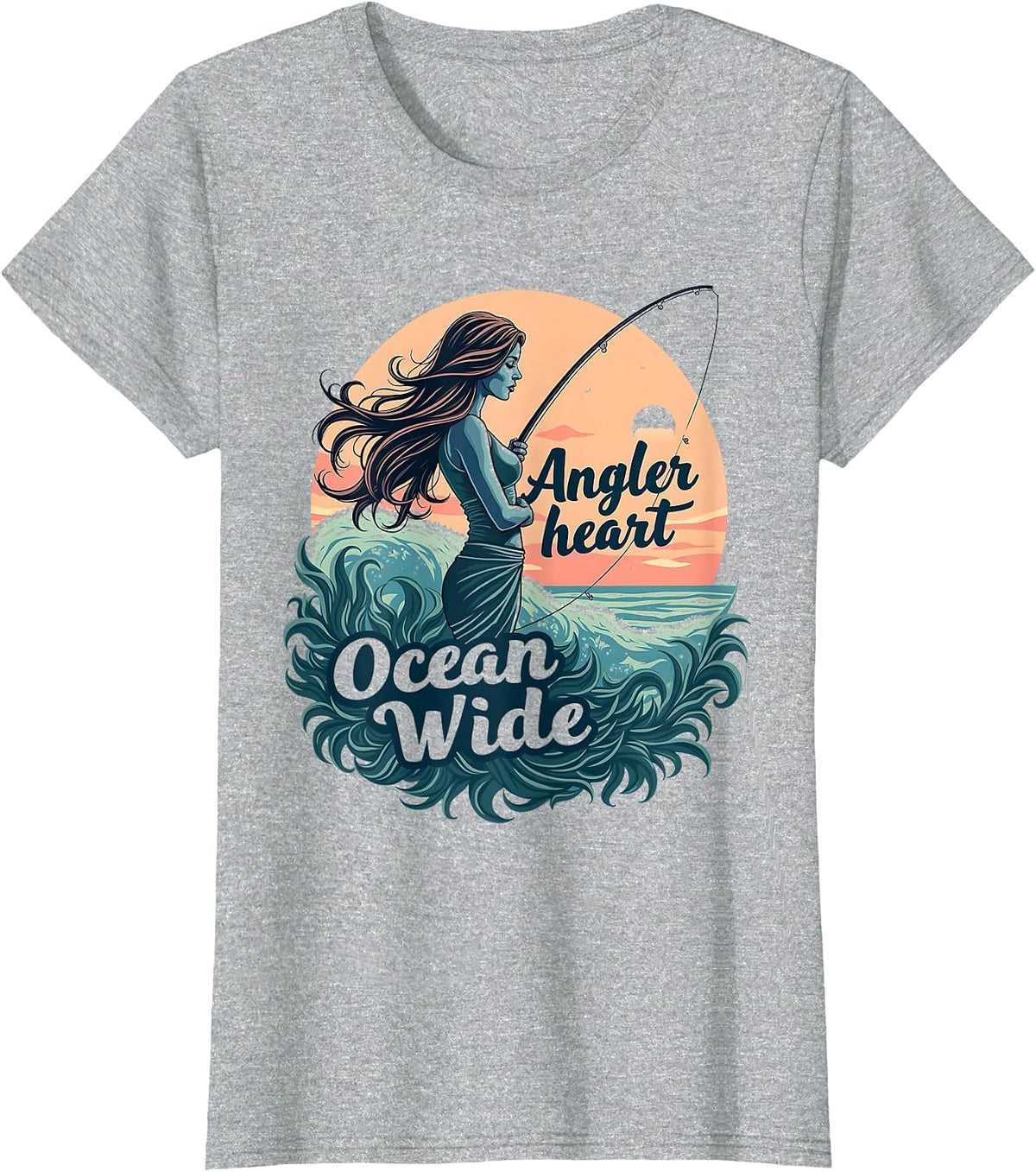 Angler Heart Ocean Wide Fishing Design T-Shirt - Heather Grey