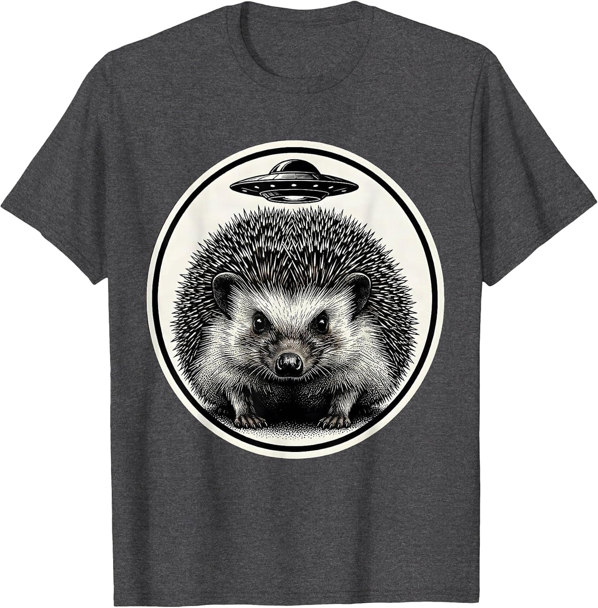 Men's Hedgehog UFO Dotwork Animal Lover Humor T-Shirt - Dark Heather Grey