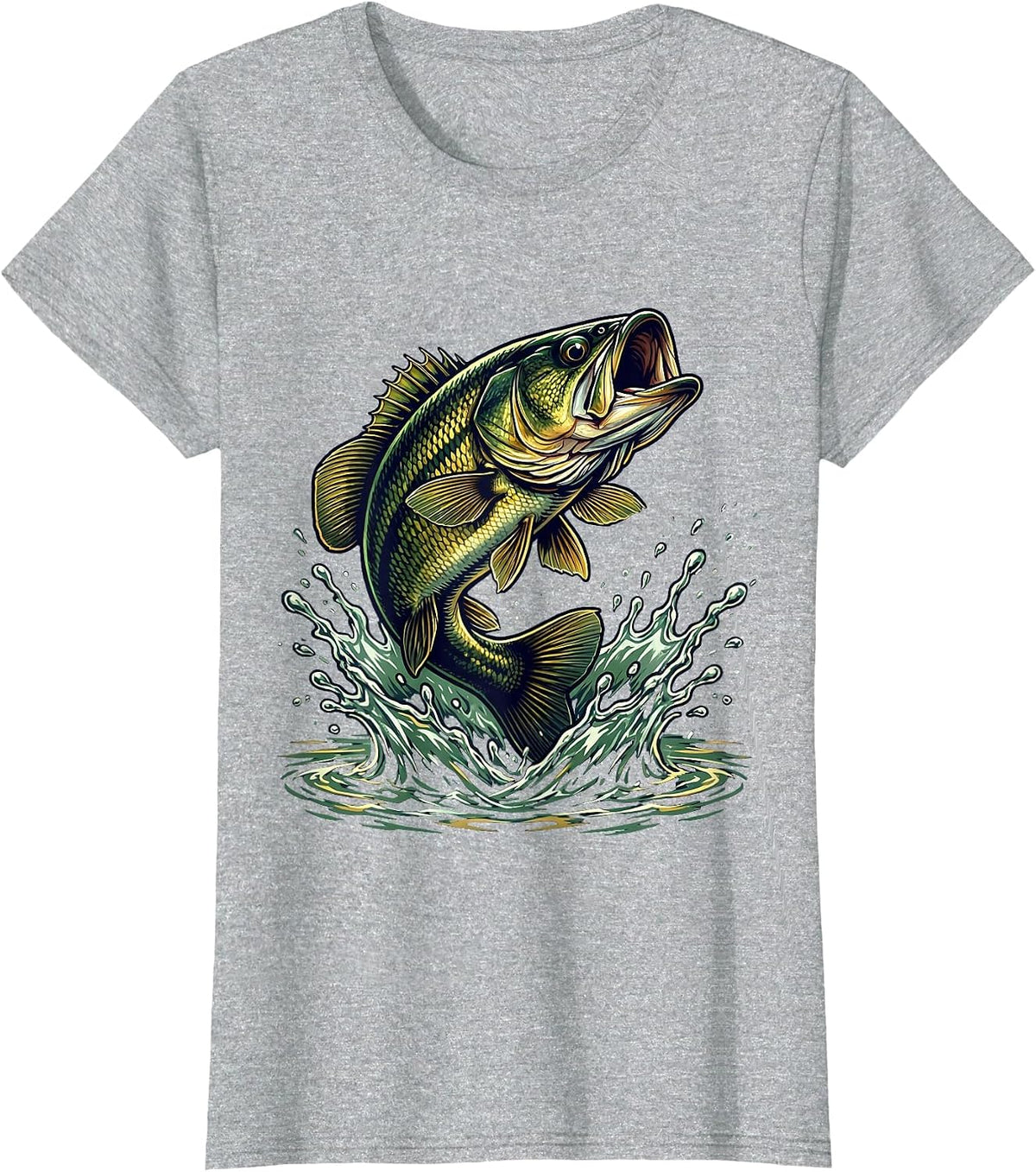 Largemouth Bass Leaping Fishing Graphic T-Shirt - Heather Grey